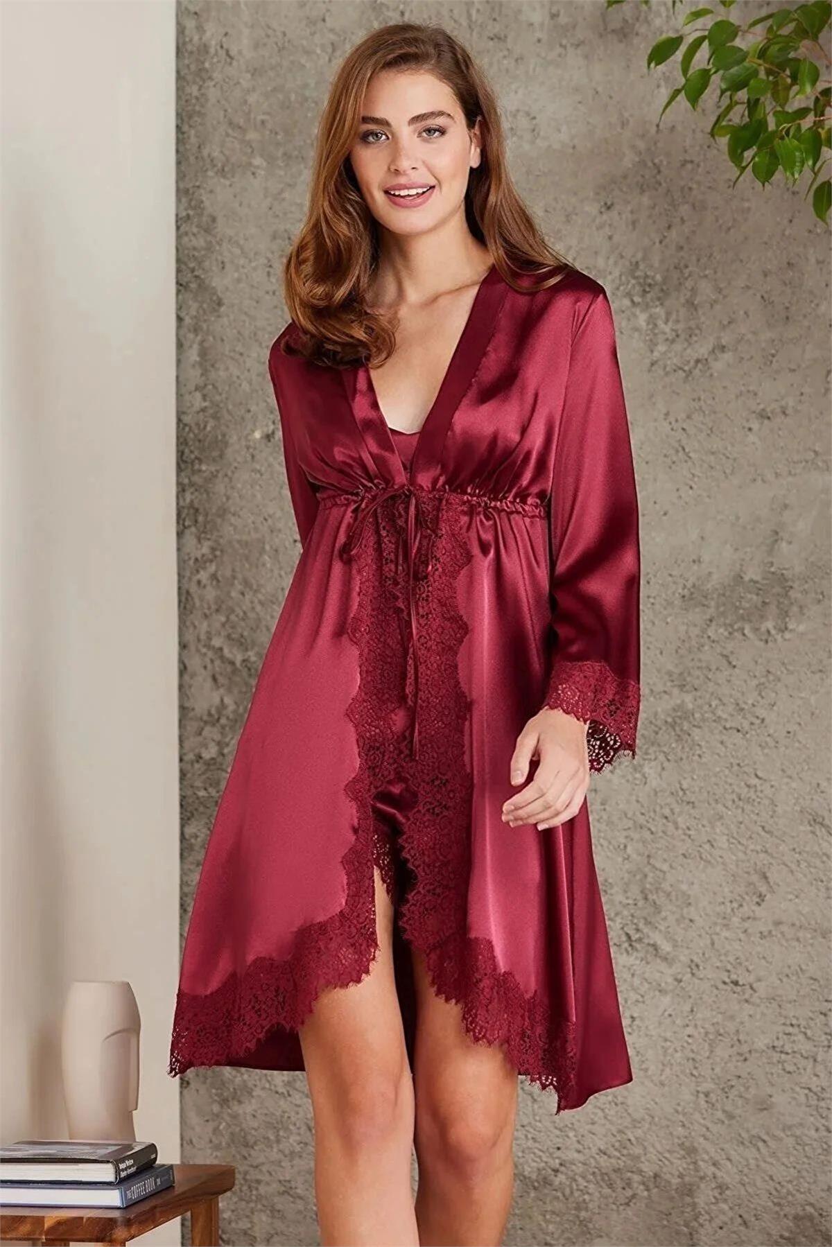 Pierre Cardin 7045 Kadın Dantelli Saten 4lü Set-Bordo