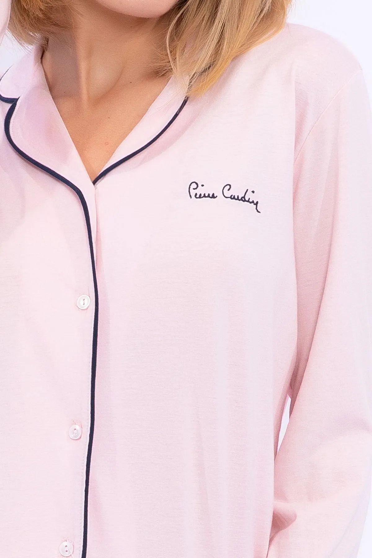 Pierre Cardin 7717 Kadın Modal Uzun Kollu Önden Düğmeli Pijama Takımı-Pembe
