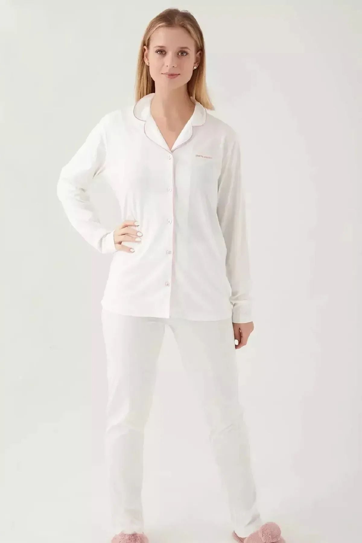 Pierre Cardin 7717 Kadın Uzun Kollu Gömlek Pijama Takımı-Krem