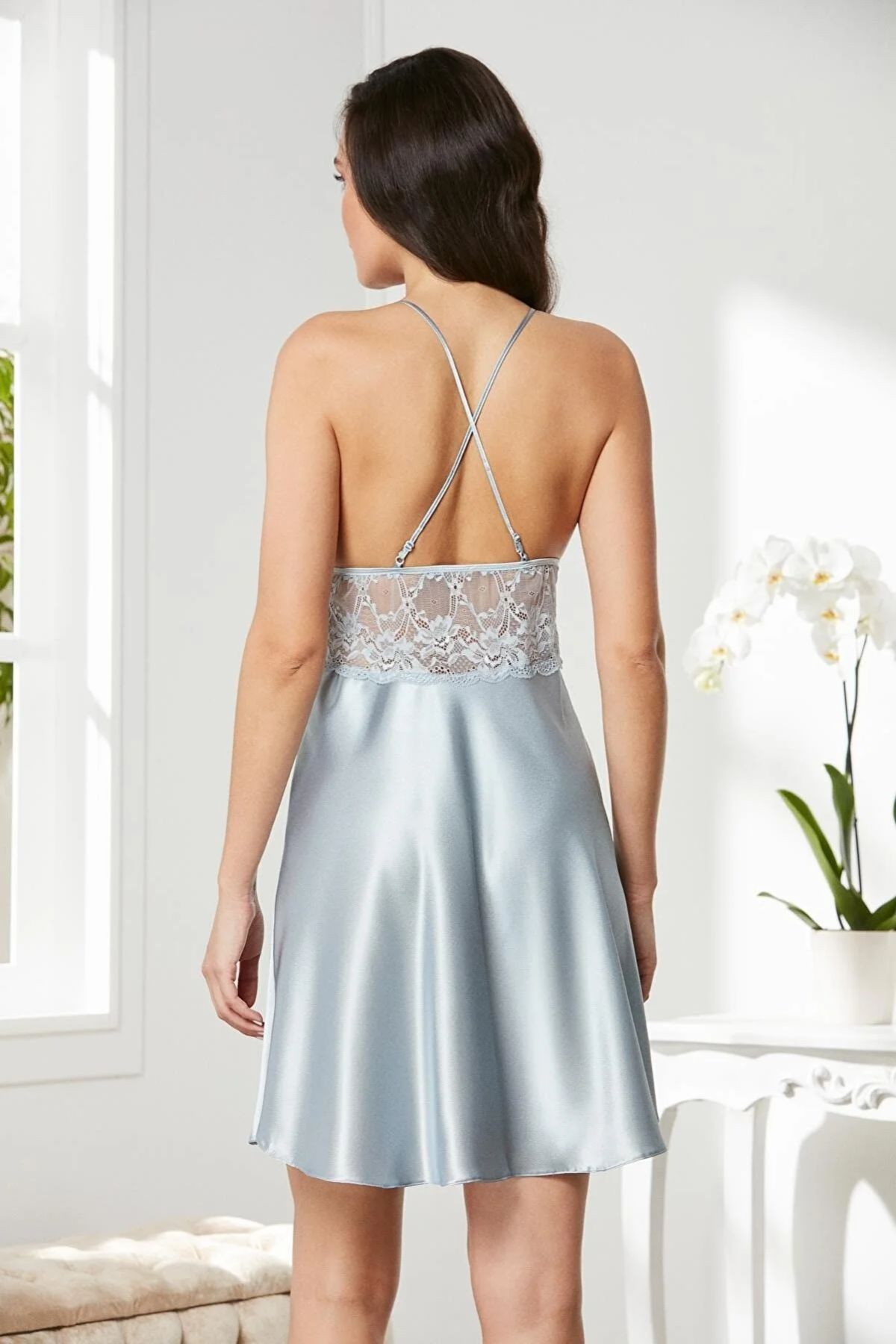 Pierre Cardin 850 Kadın Saten Dantelli Gecelik-Mist