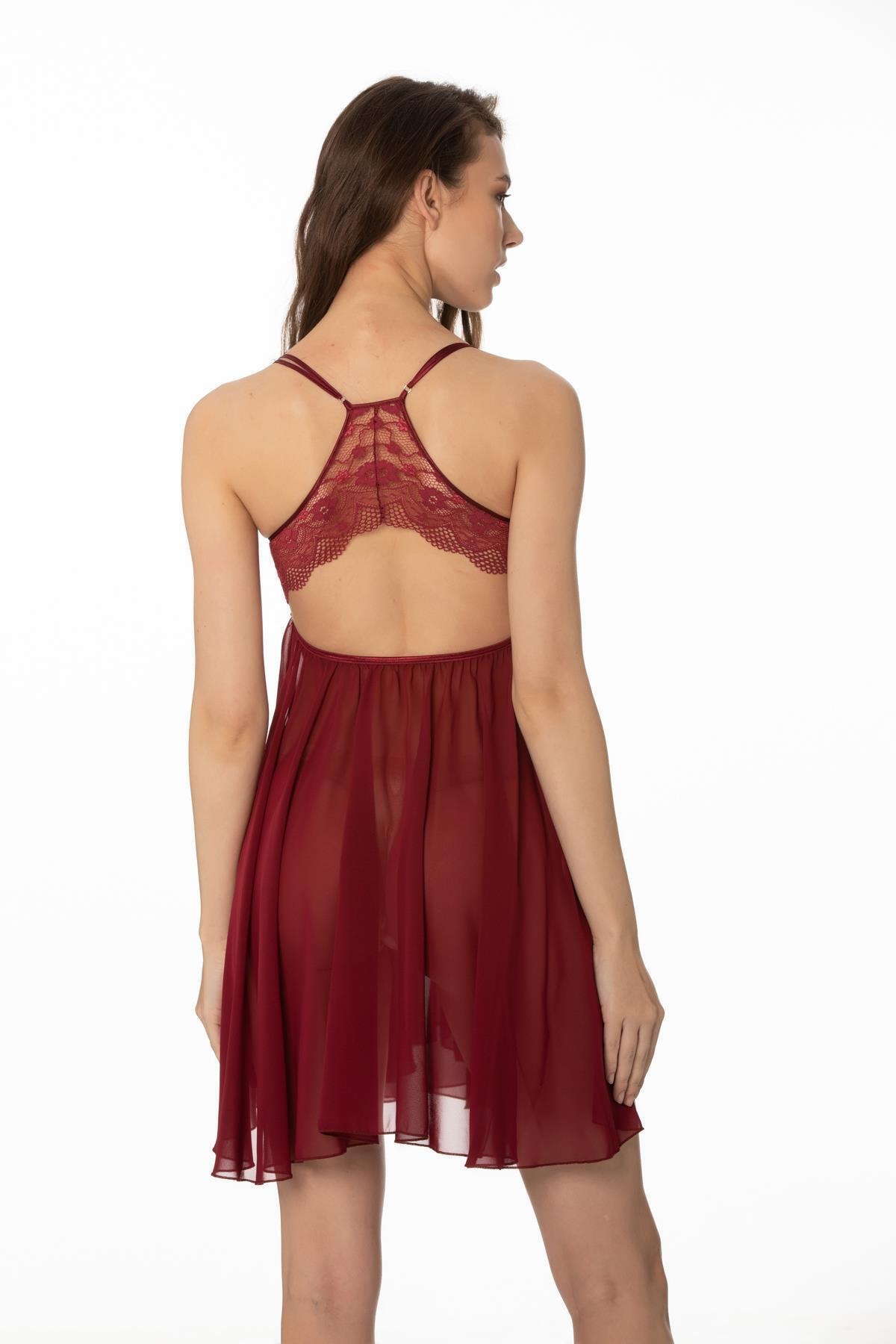 Pierre Cardin 880 Kadın Şifon Dantelli Gecelik - Bordo