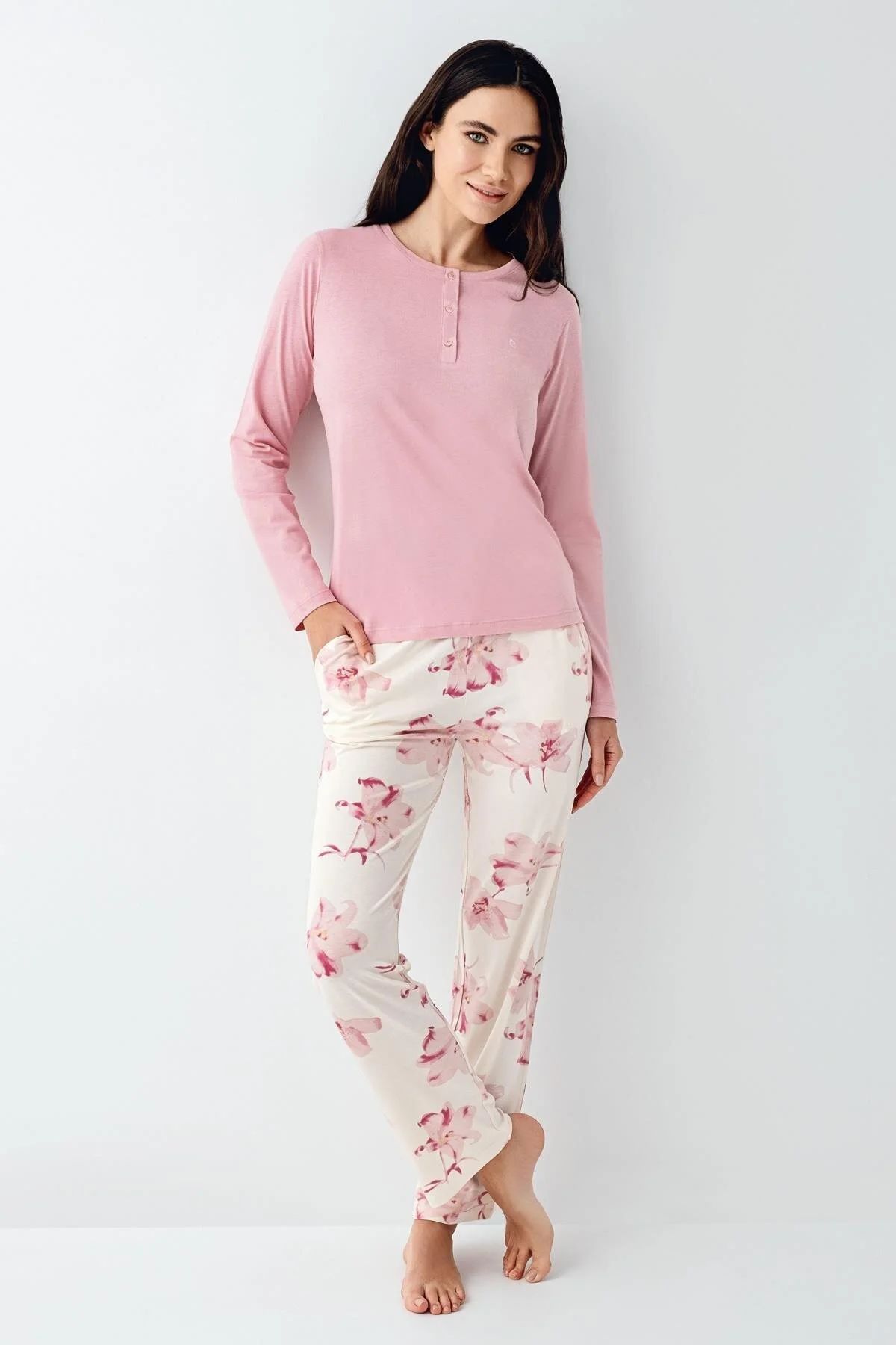 Pierre Cardin 9055 Kadın Düğmeli Bisiklet Yaka Uzun Kollu Pijama Takımı-Gülkurusu