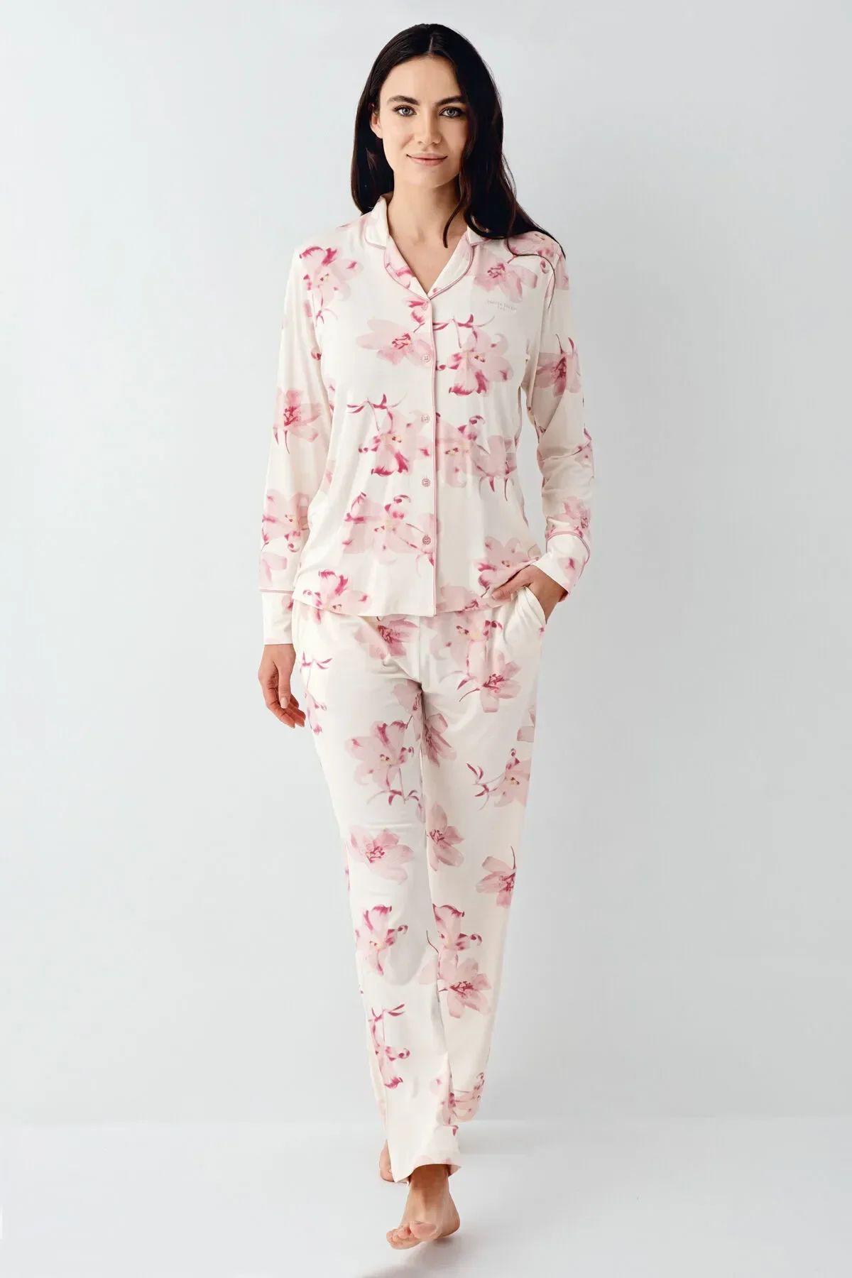 Pierre Cardin 9056 Kadın Uzun Kollu Gömlek Pijama Takımı-Krem