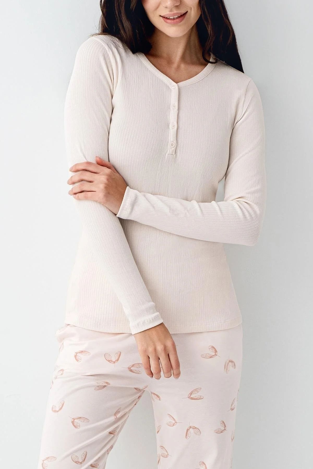 Pierre Cardin 9062 Kadın Düğmeli V Yaka Uzun Kollu Pijama Takımı-Tozpembe