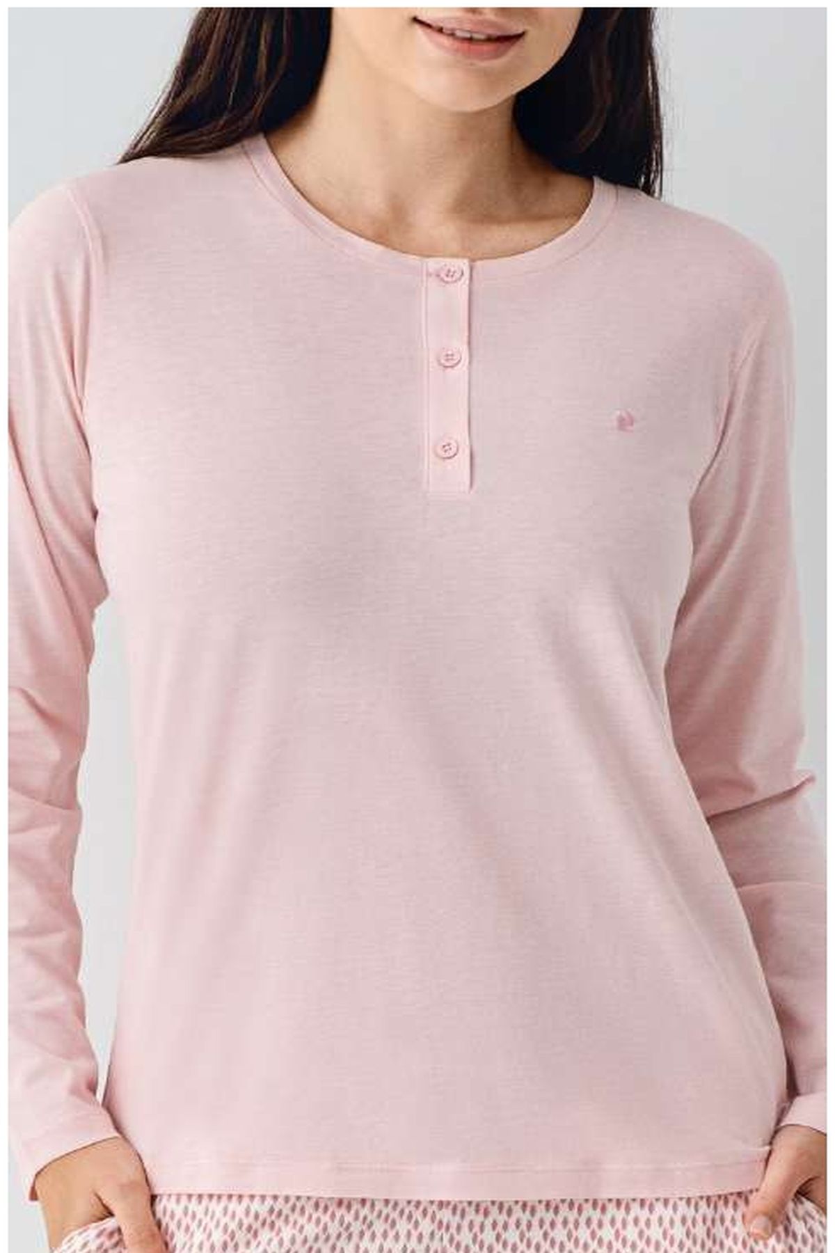 Pierre Cardin 9080 Kadın Düğmeli Bisiklet Yaka Uzun Kollu Pijama Takımı-Pembe