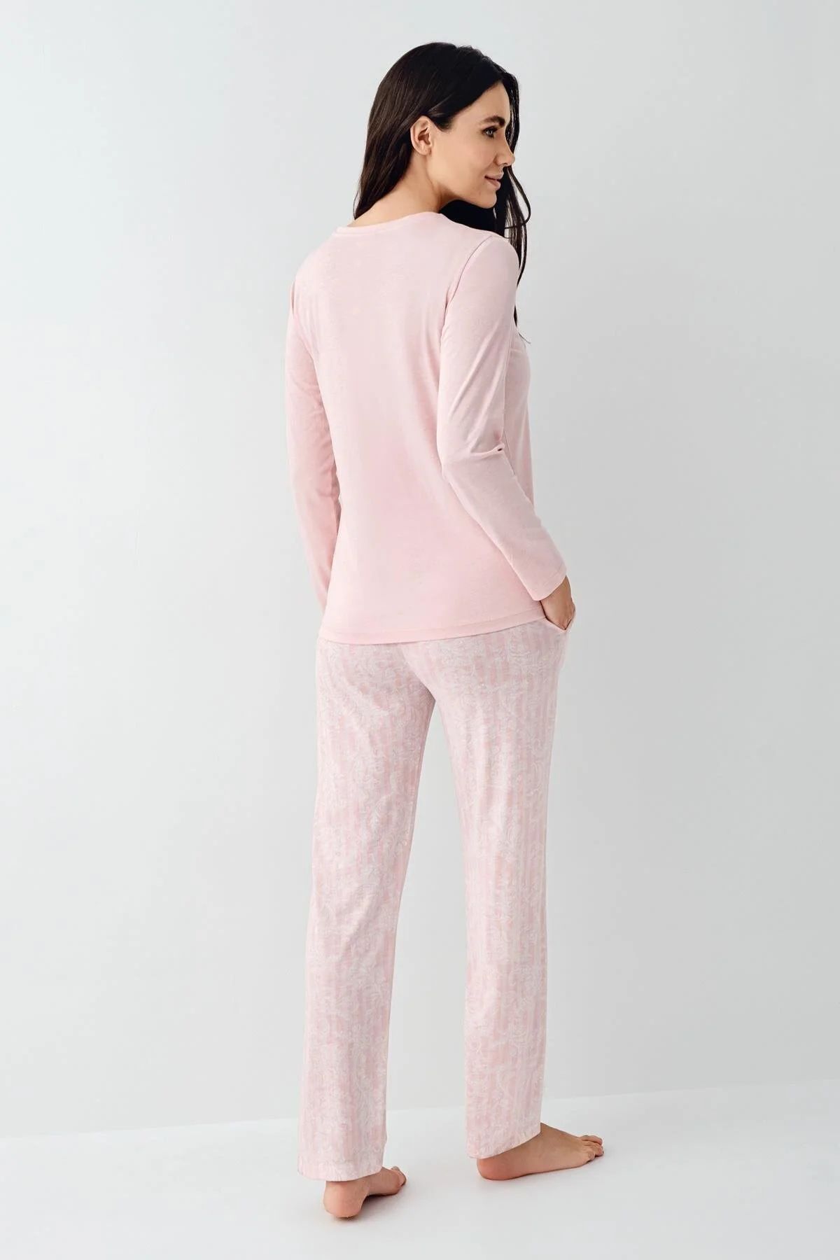 Pierre Cardin 9085 Kadın Bisiklet Yaka Uzun Kollu Pijama Takımı-Pembe