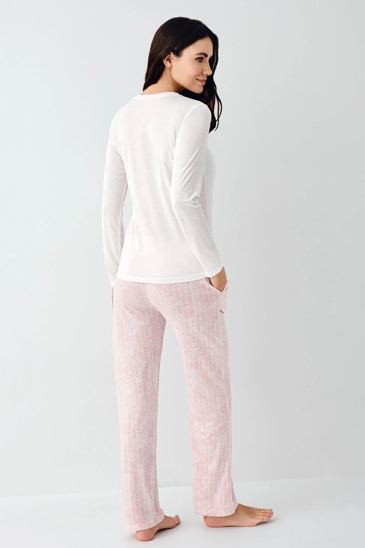 Pierre Cardin 9085 Kadın Bisiklet Yaka Uzun Kollu Pijama Takımı-Beyaz
