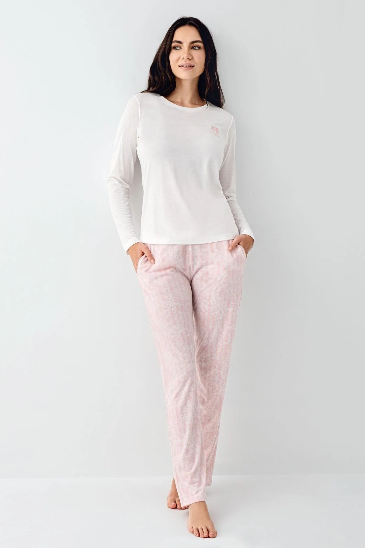 Pierre Cardin 9085 Kadın Bisiklet Yaka Uzun Kollu Pijama Takımı-Beyaz