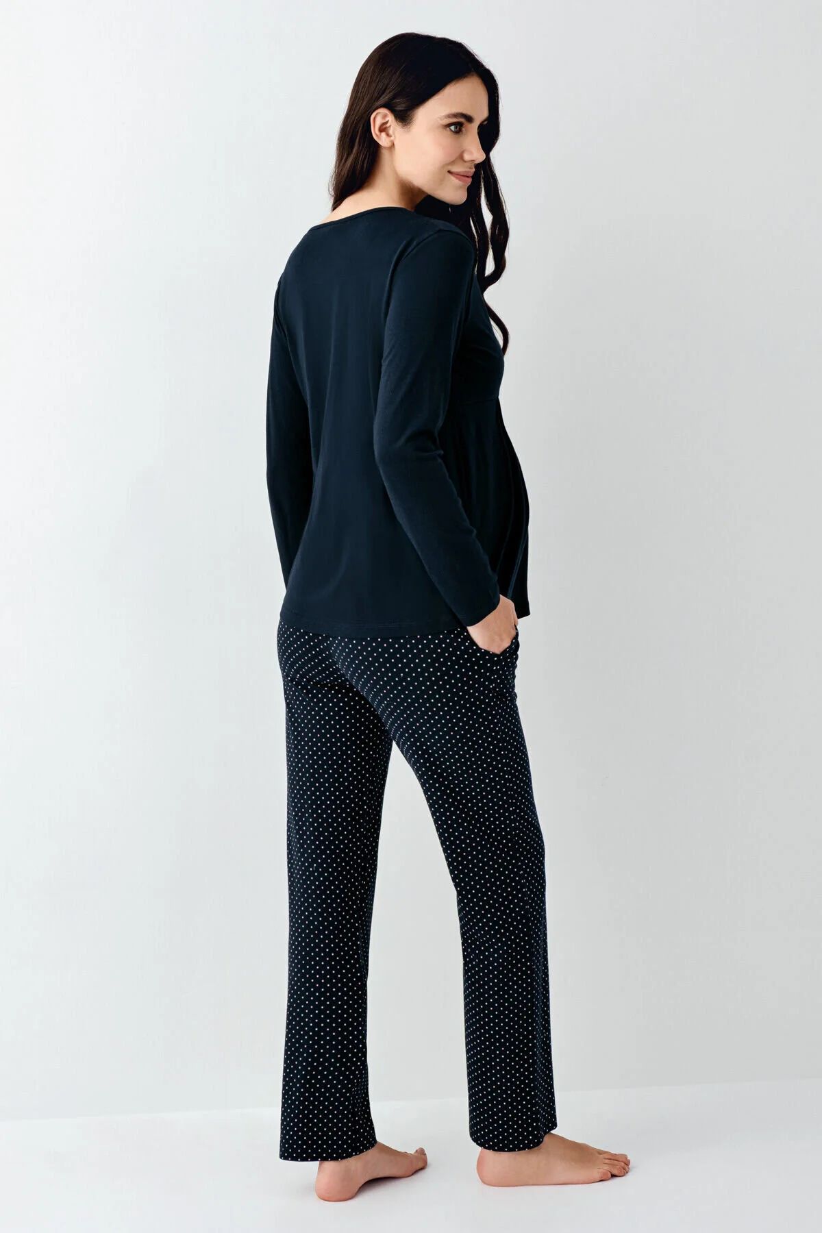 Pierre Cardin 9094 Hamile Lohusa Uzun Kollu Kruvaze Yaka Pijama Takımı-Lacivert