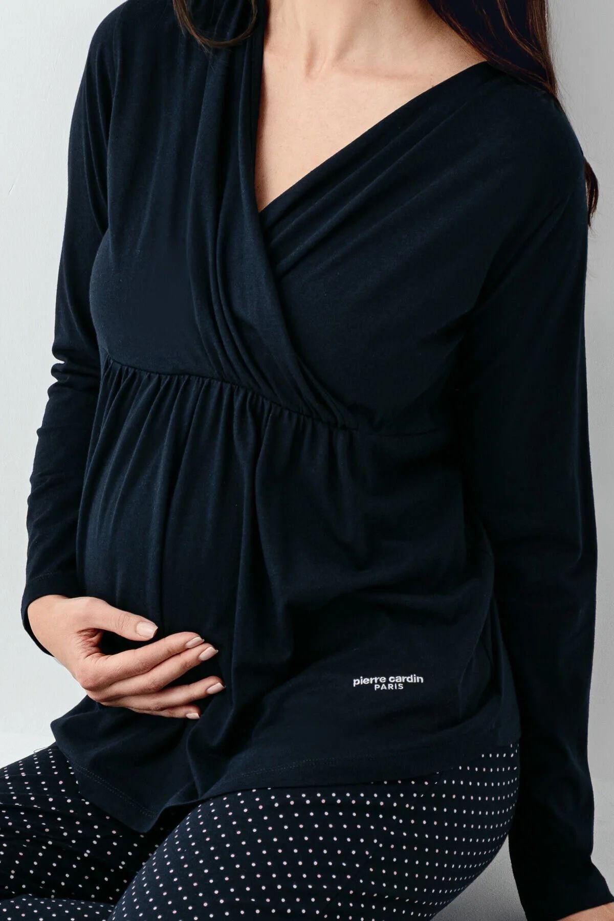 Pierre Cardin 9094 Hamile Lohusa Uzun Kollu Kruvaze Yaka Pijama Takımı-Lacivert