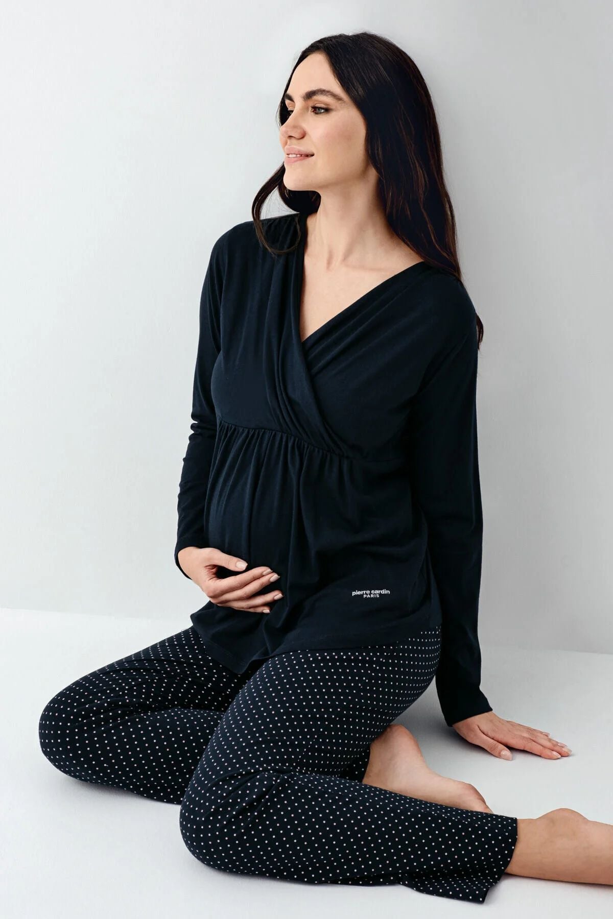 Pierre Cardin 9094 Hamile Lohusa Uzun Kollu Kruvaze Yaka Pijama Takımı-Lacivert