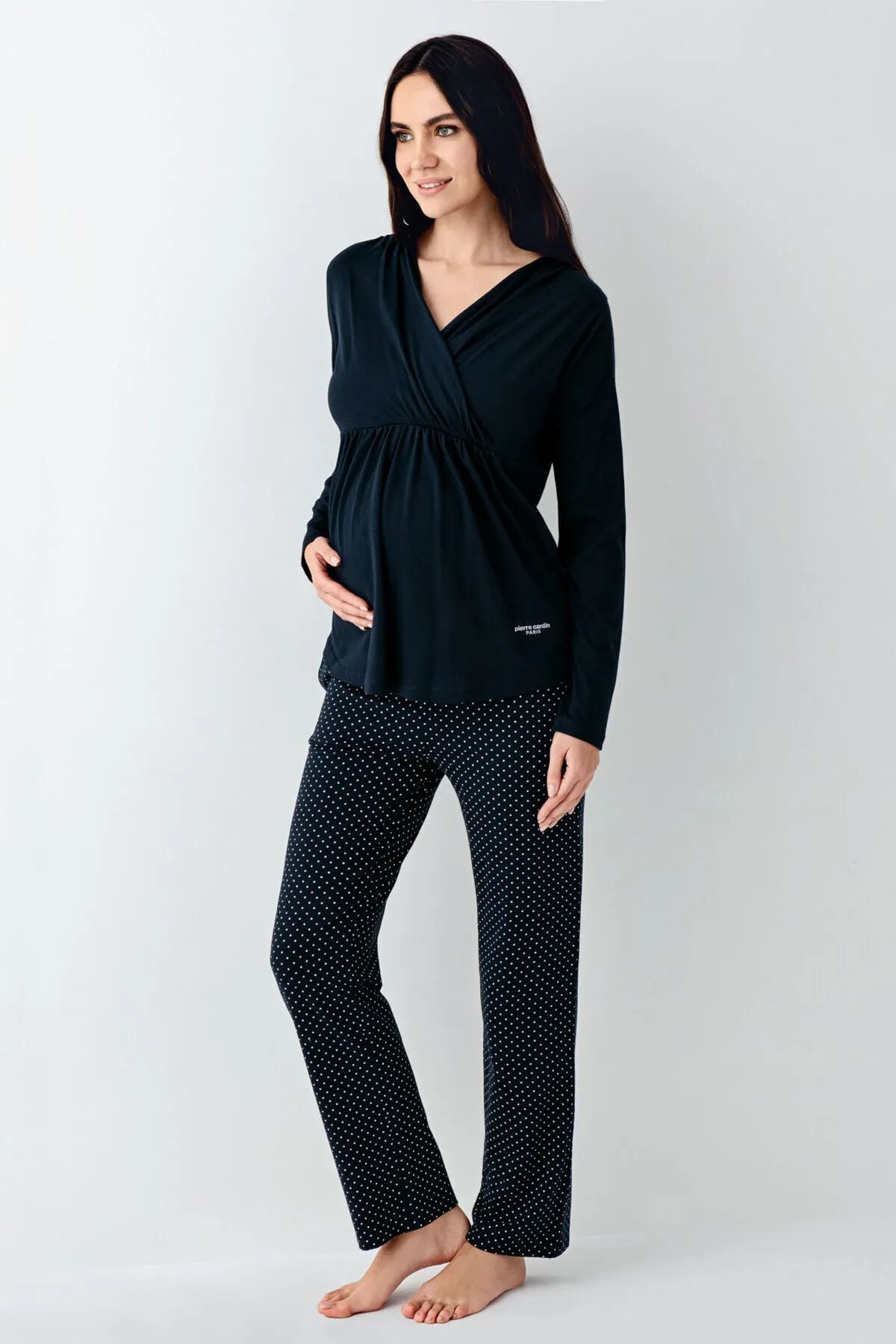 Pierre Cardin 9094 Hamile Lohusa Uzun Kollu Kruvaze Yaka Pijama Takımı-Lacivert