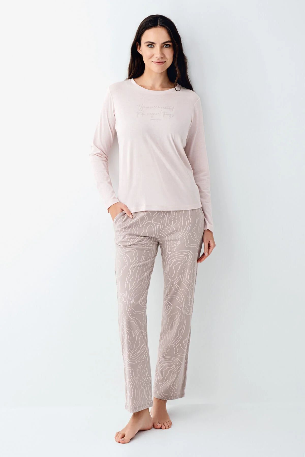 Pierre Cardin 9096 Kadın Uzun Kollu Bisiklet Yaka Pijama Takımı-Pembe