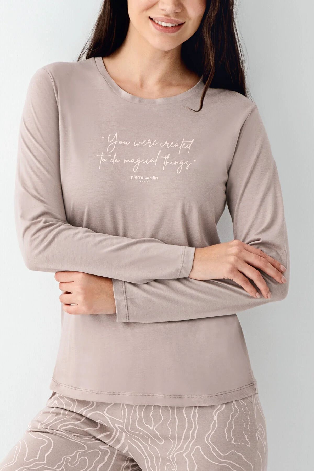 Pierre Cardin 9096 Kadın Uzun Kollu Bisiklet Yaka Pijama Takımı-Vizon