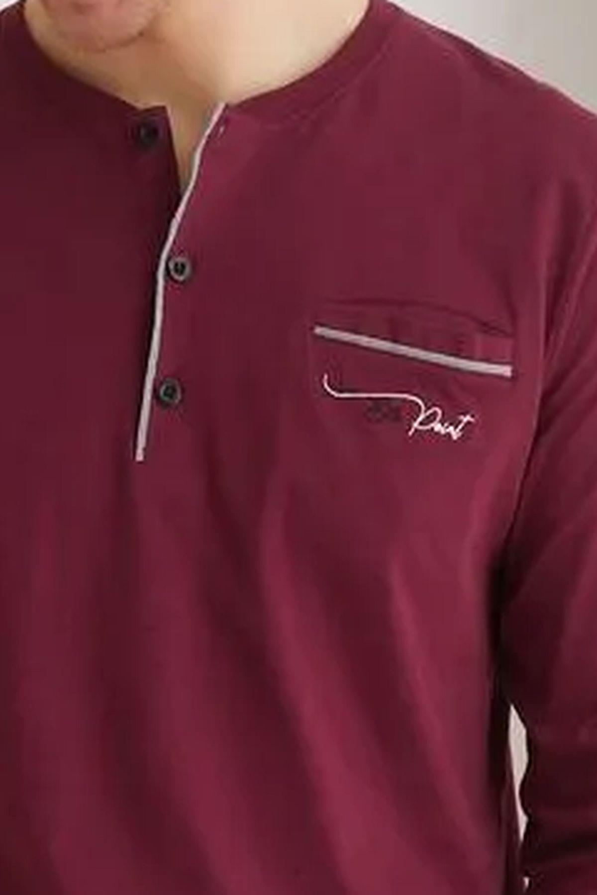 Polat 1250 Elitepoint Erkek Uzun Kollu Yakası Üç Düğmeli Pijama Takımı-Vişne