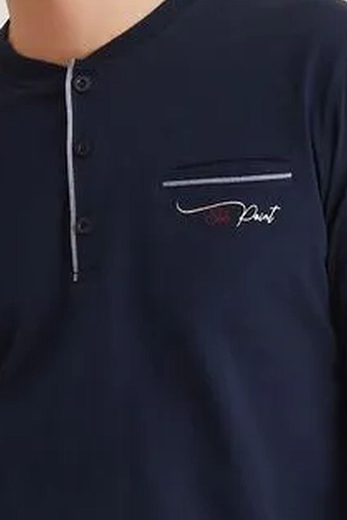 Polat 1250 Elitepoint Erkek Uzun Kollu Yakası Üç Düğmeli Pijama Takımı-Lacivert