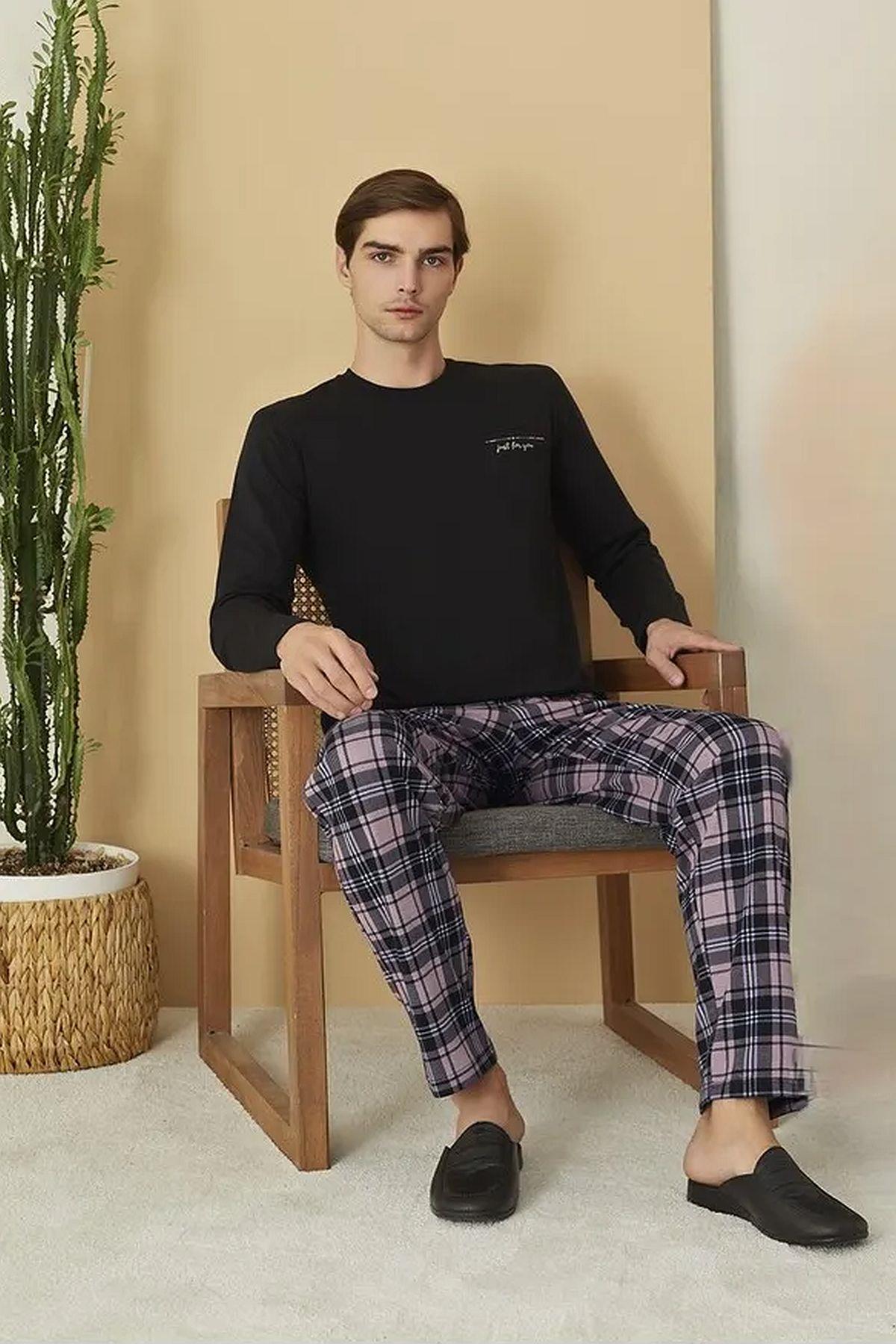Polat 1613 Elitepoint Erkek Uzun Kollu Bisiklet Yaka Pijama Takımı-Siyah