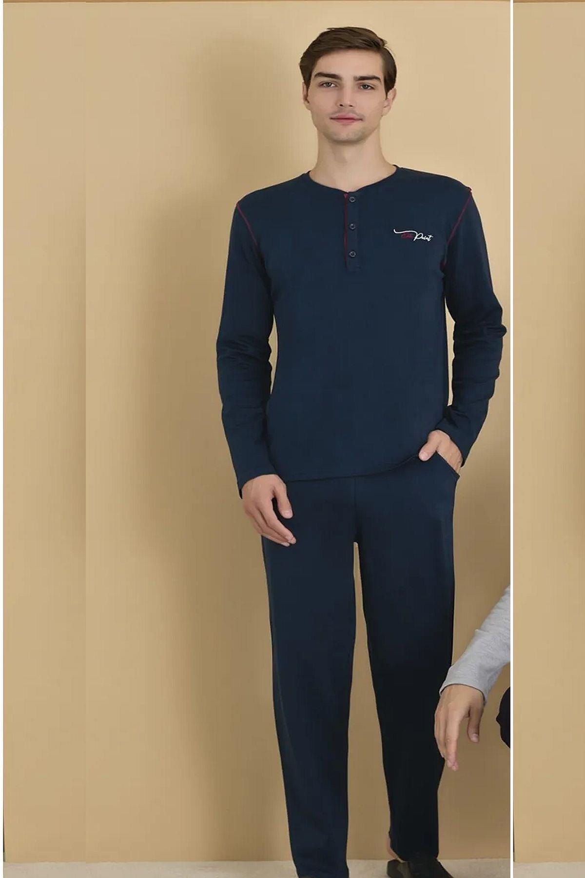 Polat 1615 Elitepoint Erkek Uzun Kollu Yakası Üç Düğmeli Pijama Takımı-Lacivert