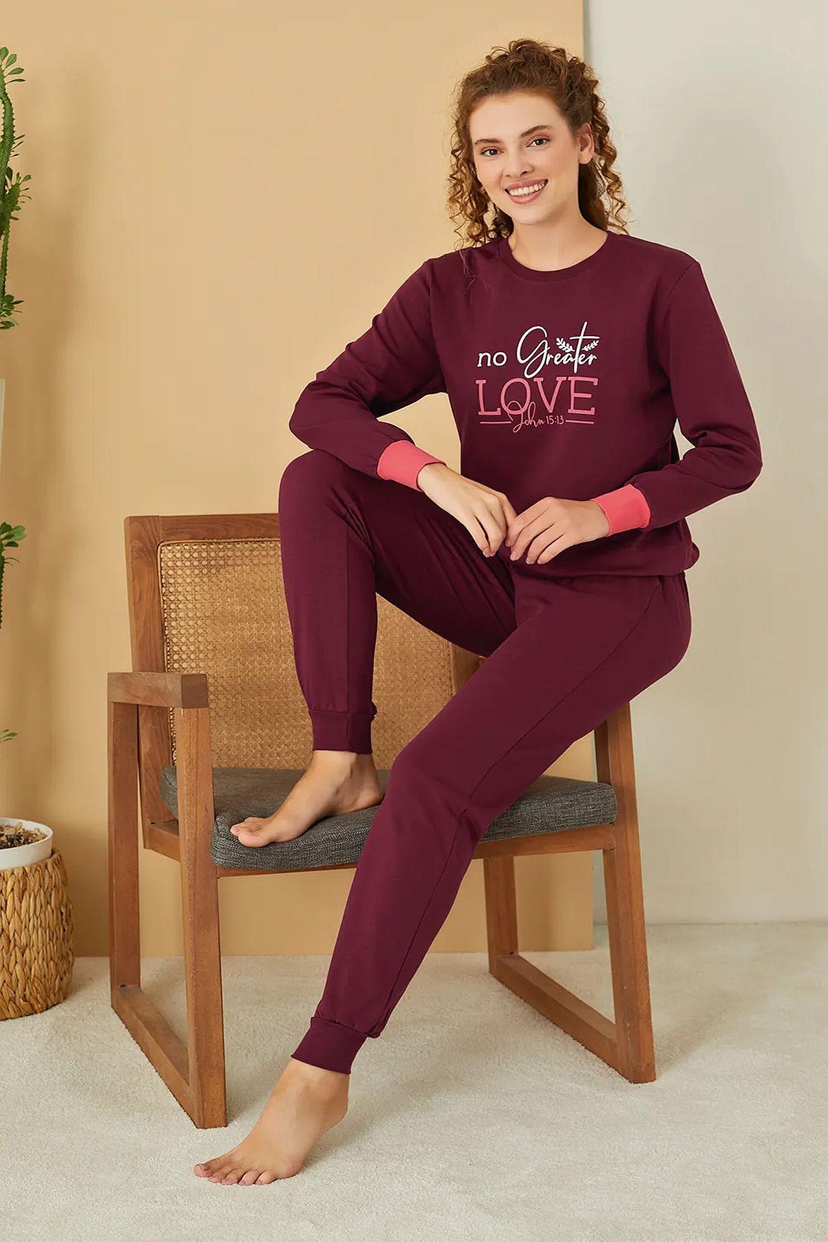 Polat 3105 Rozalinda Kadın Bisiklet Yaka Uzun Kollu Paçası Bantlı Pijama Takımı-Vişne