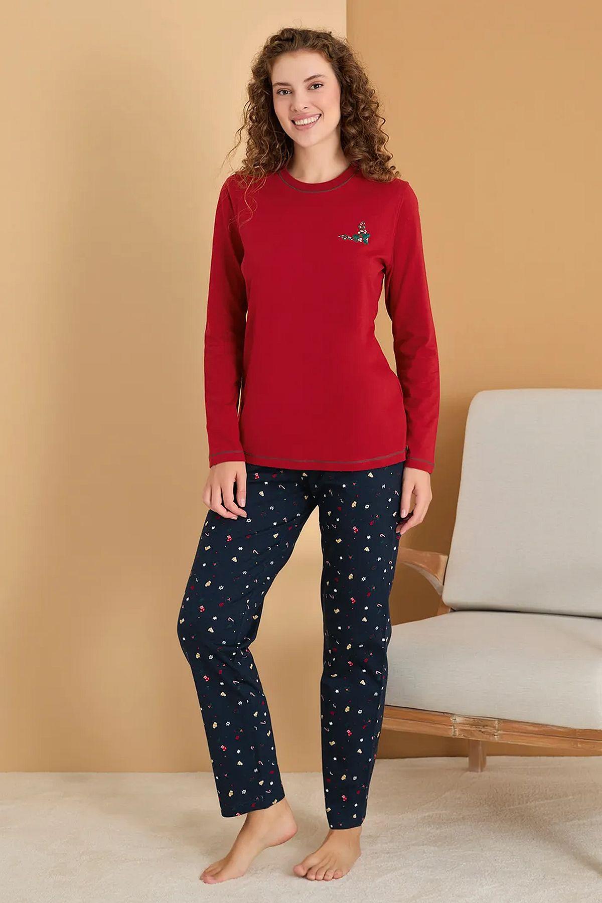 Polat 3107 Rozalinda Kadın Bisiklet Yaka Uzun Kollu Pijama Takımı-Bordo