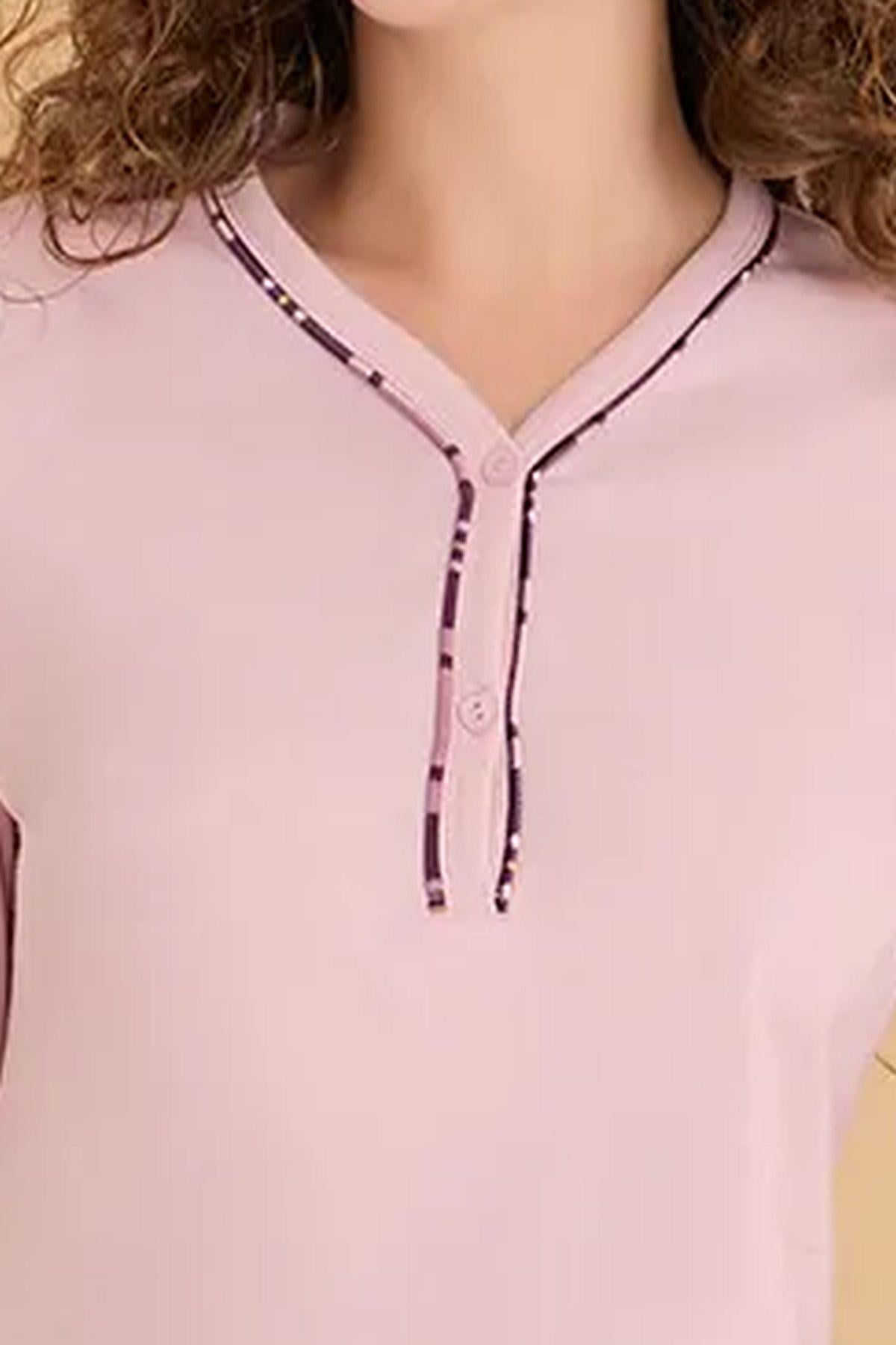 Polat 3117 Rozalinda Kadın Uzun Kollu Yakası Düğmeli Pijama Takımı-Pembe