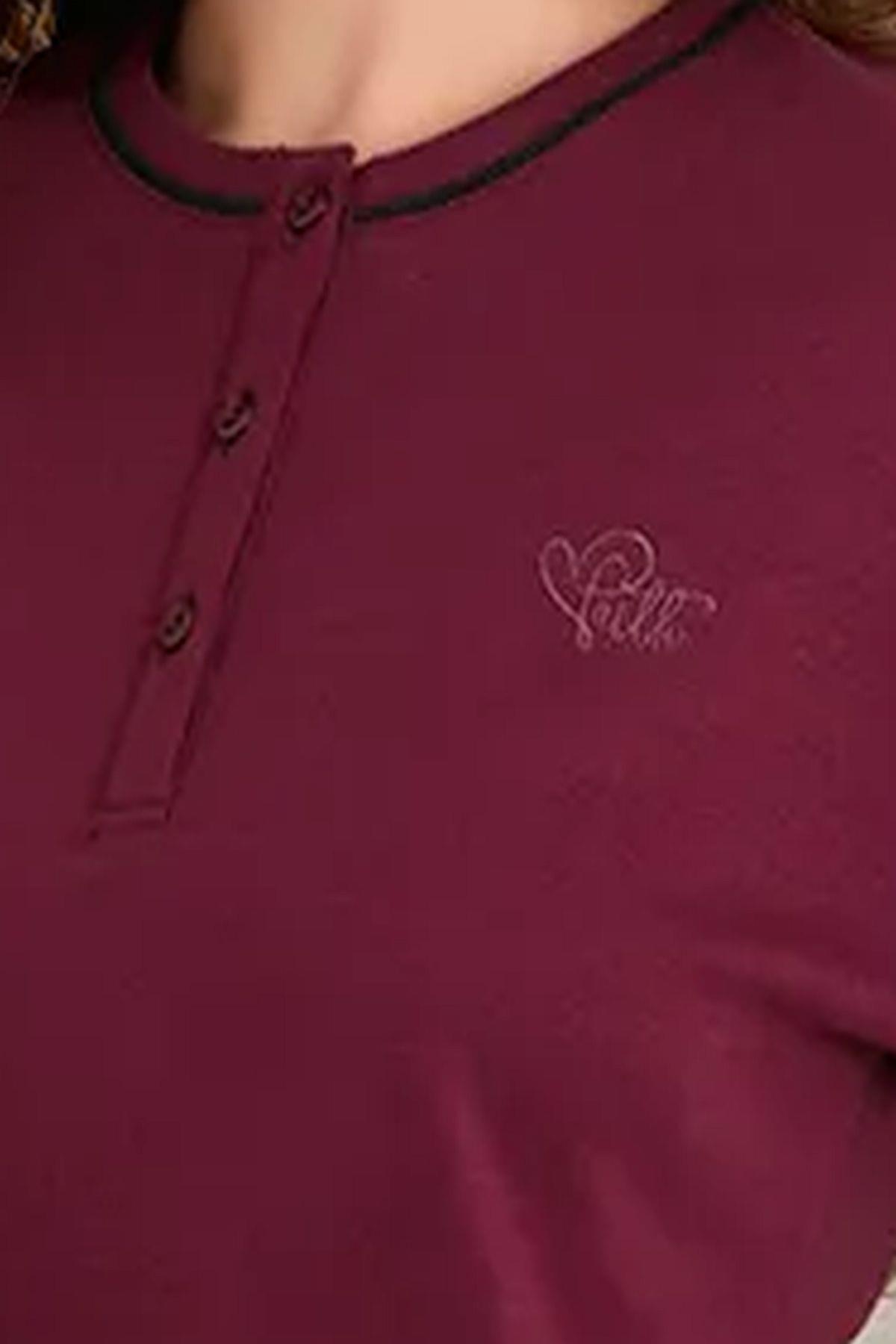 Polat 3120 Rozalinda Kadın Uzun Kollu Yakası Düğmeli Pijama Takımı-Vişne