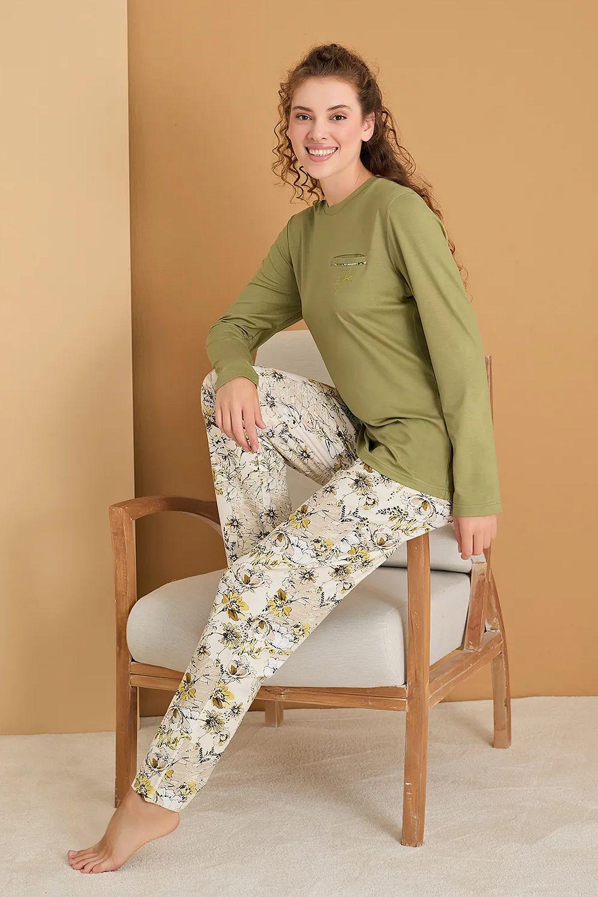 Polat 3122 Rozalinda Kadın Bisiklet Yaka Uzun Kollu Pijama Takımı-Yeşil