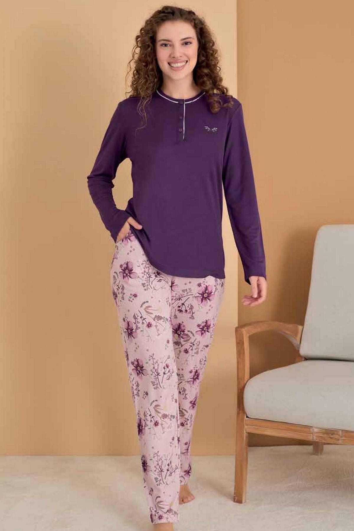 Polat 3125 Rozalinda Kadın Büyük Beden Uzun Kollu Yakası Düğmeli Pijama Takımı-Mor