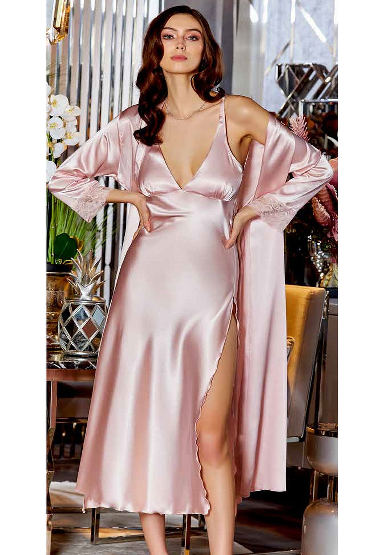 Saten Gecelik Sabahlık Takım