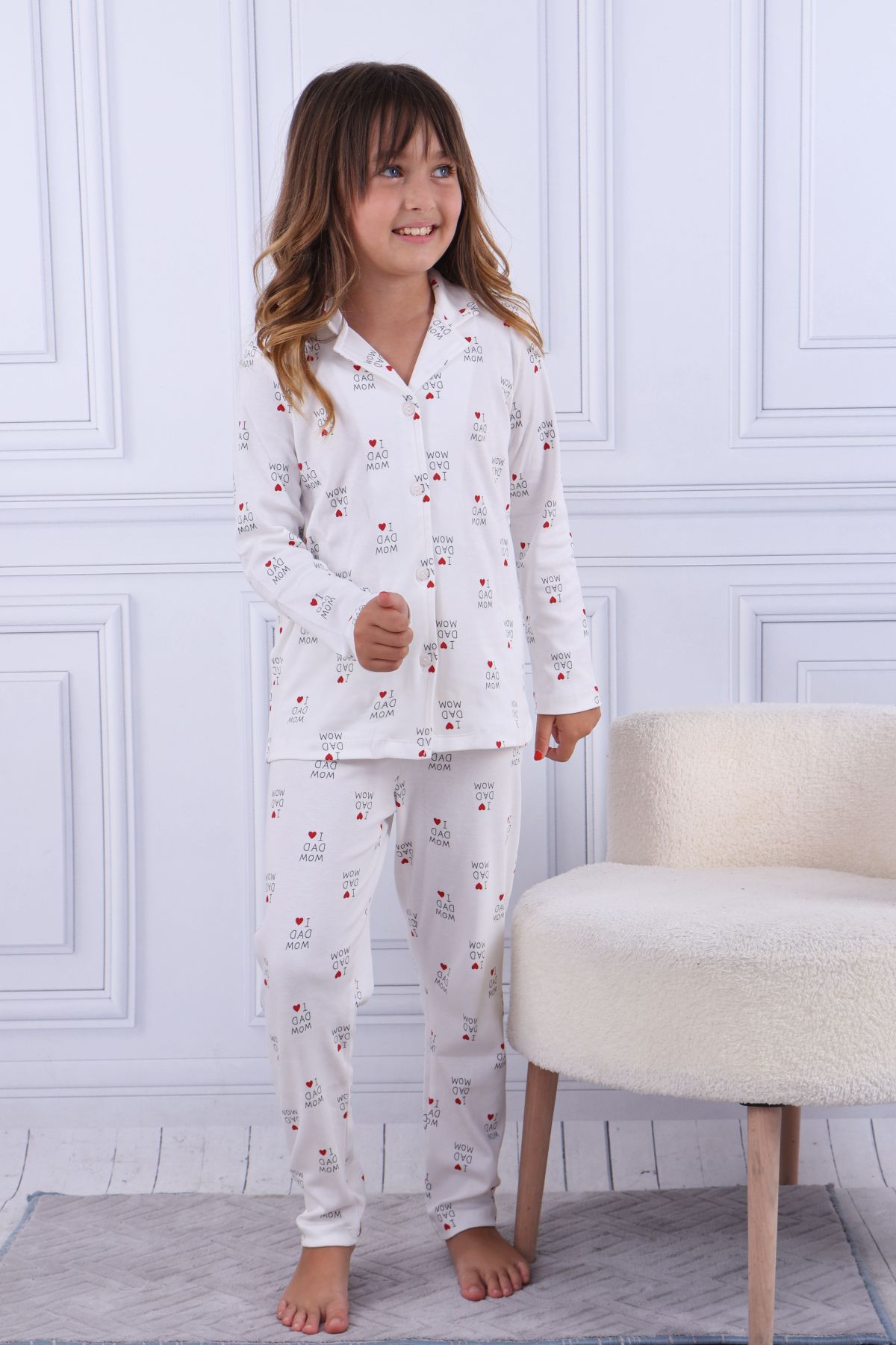 Tiril Tiril 100 Kız Çocuk Uzun Kollu Gömlek Pijama Takım-Beyaz
