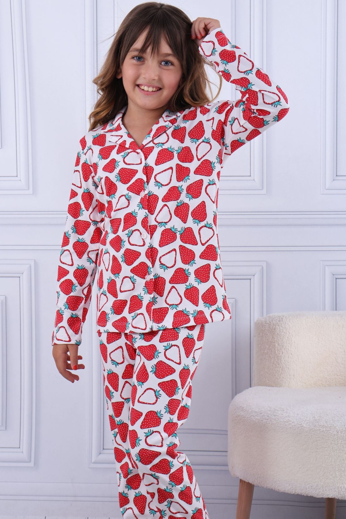 Tiril Tiril 101 Kız Çocuk Uzun Kollu Gömlek Pijama Takım-Kırmızı