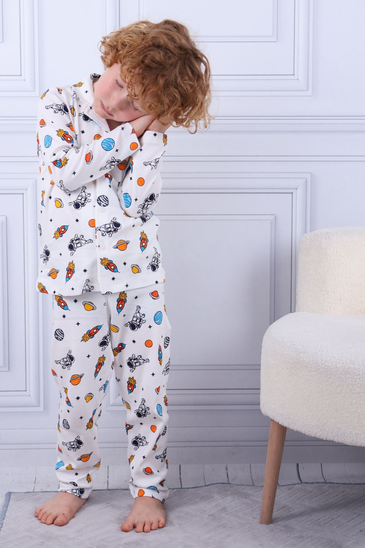 Tiril Tiril 102 Erkek Çocuk Uzun Kollu Gömlek Pijama Takım-Beyaz