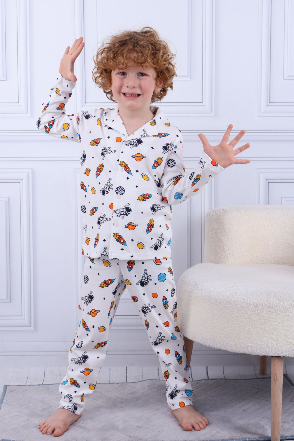 Tiril Tiril 102 Erkek Çocuk Uzun Kollu Gömlek Pijama Takım-Beyaz