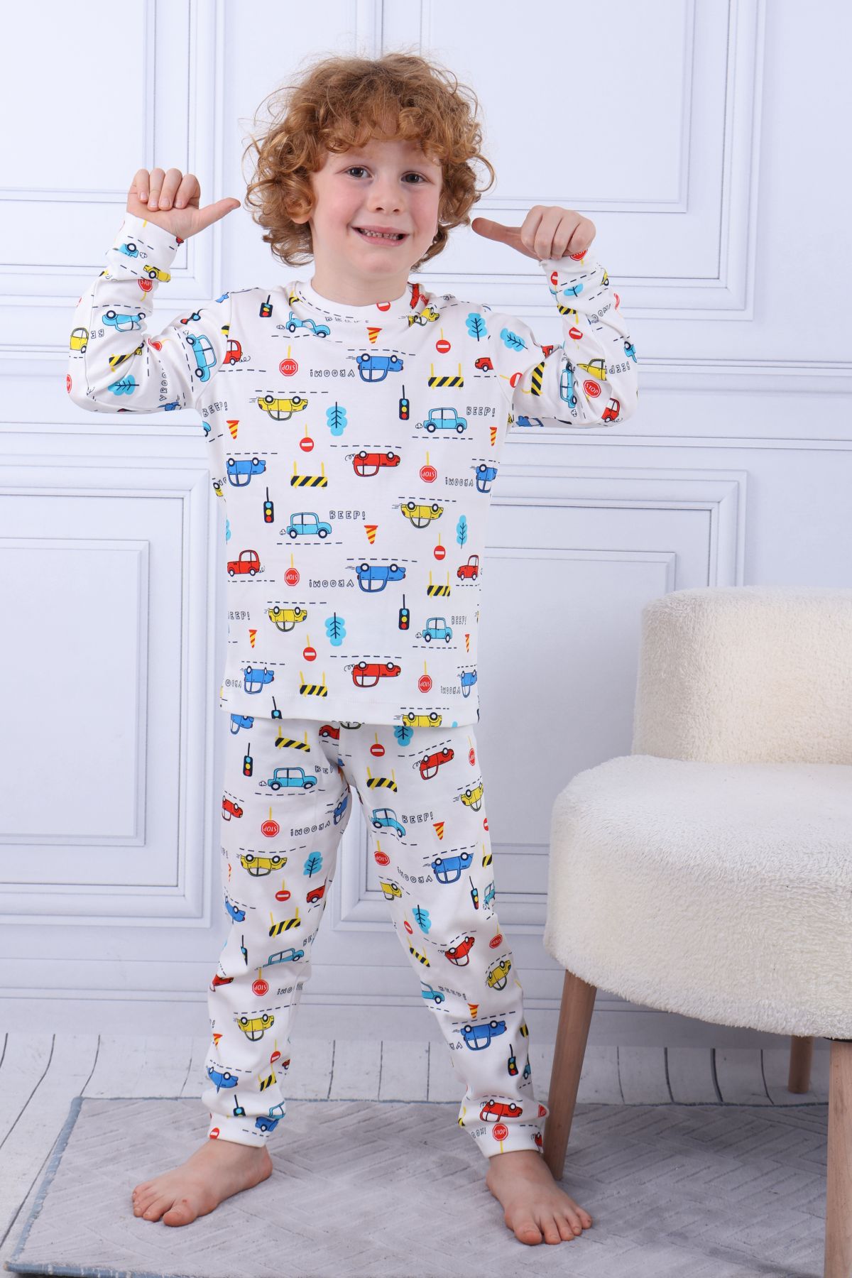 Tiril Tiril 104 Erkek Çocuk Uzun Kollu Bisiklet Yaka Pijama Takım-Beyaz