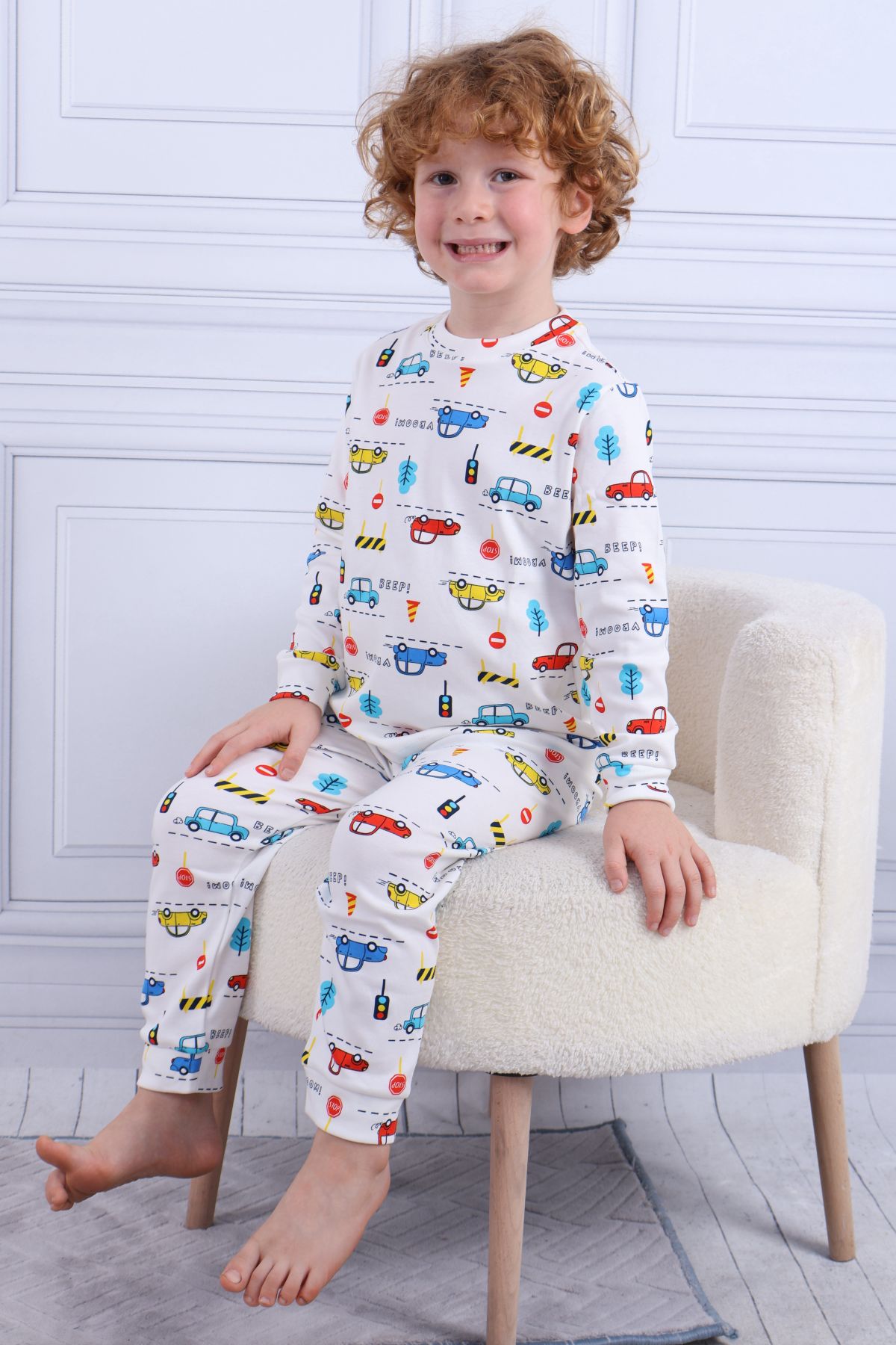 Tiril Tiril 104 Erkek Çocuk Uzun Kollu Bisiklet Yaka Pijama Takım-Beyaz