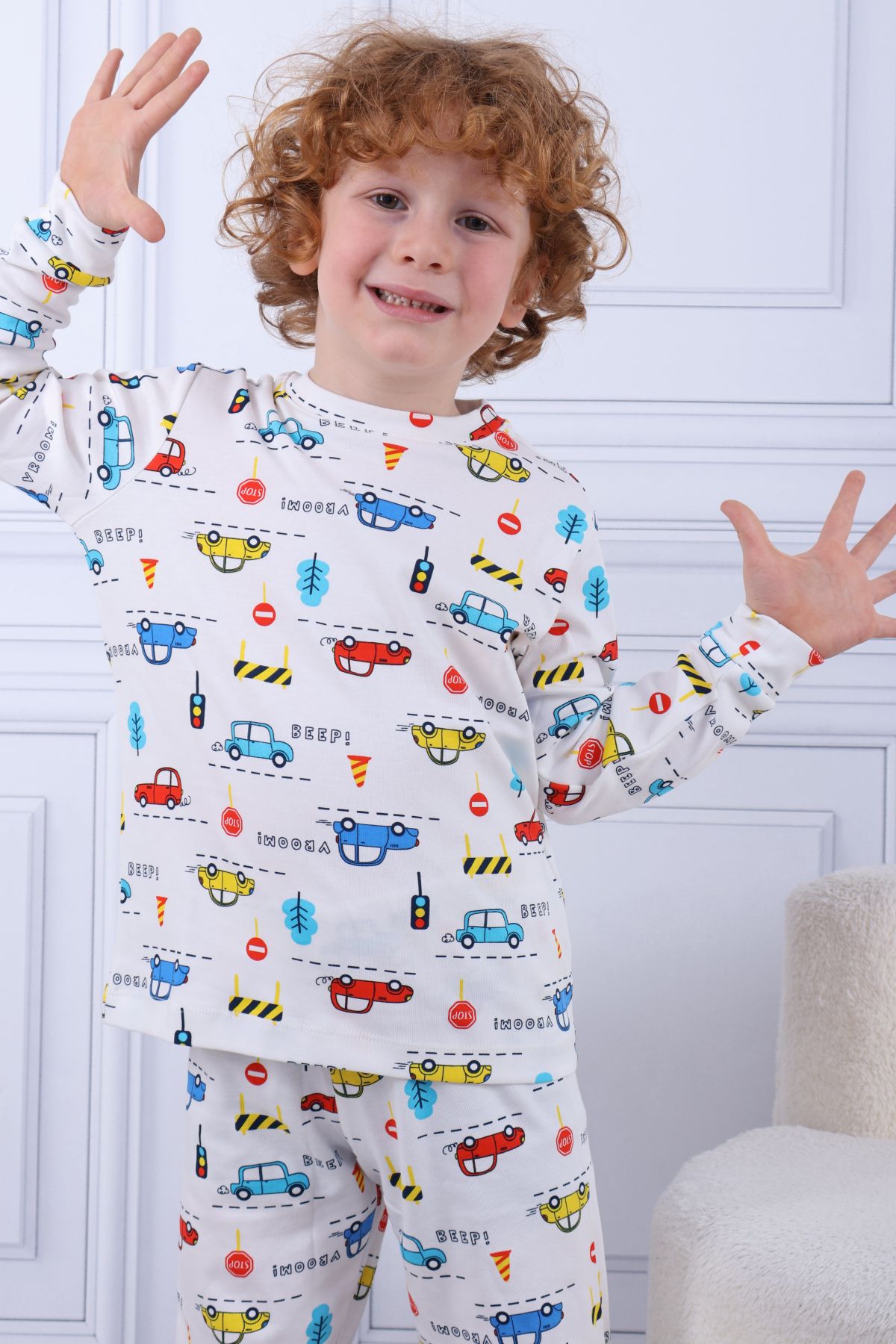 Tiril Tiril 104 Erkek Çocuk Uzun Kollu Bisiklet Yaka Pijama Takım-Beyaz