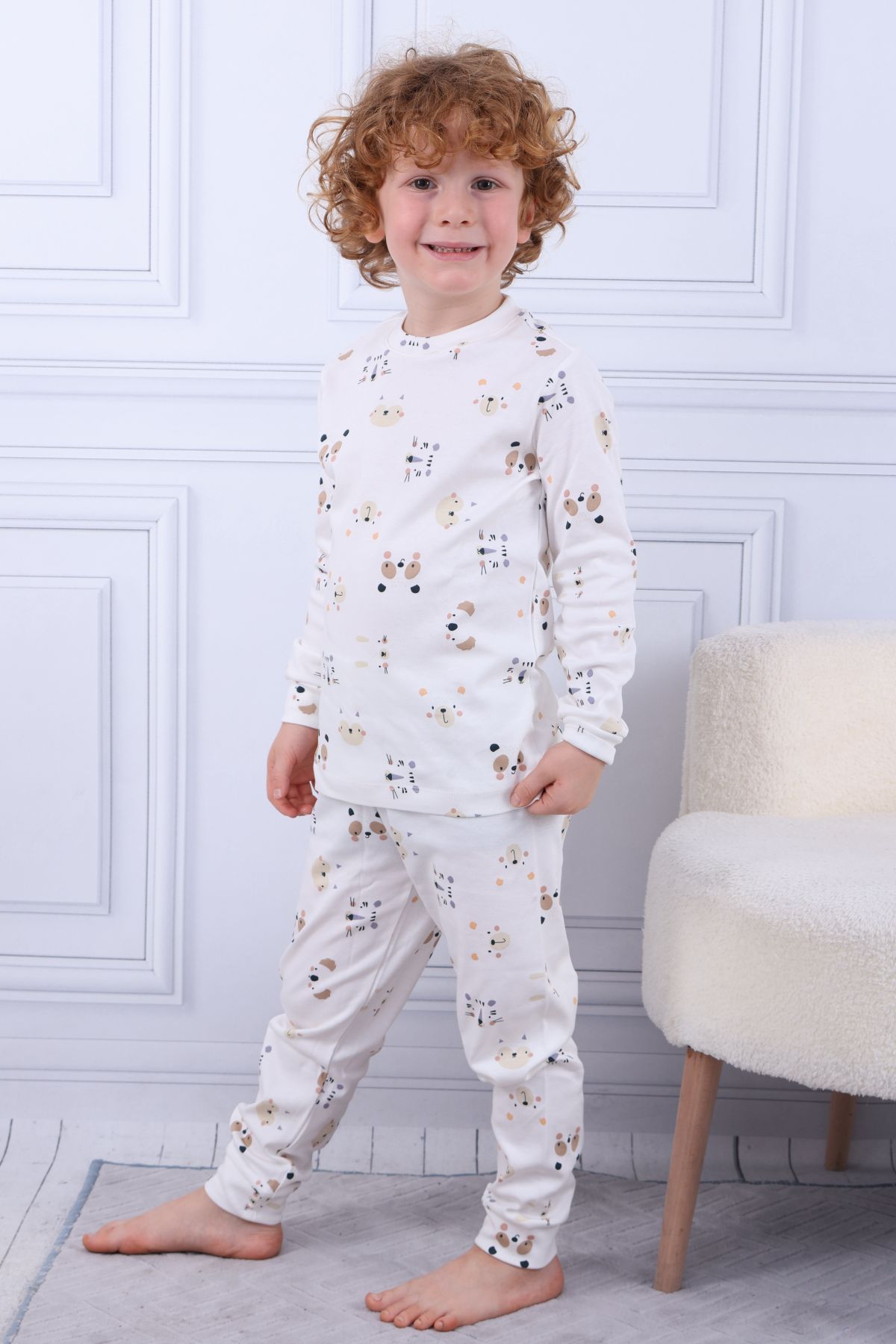 Tiril Tiril 105 Erkek Çocuk Uzun Kollu Bisiklet Yaka Pijama Takım-Beyaz