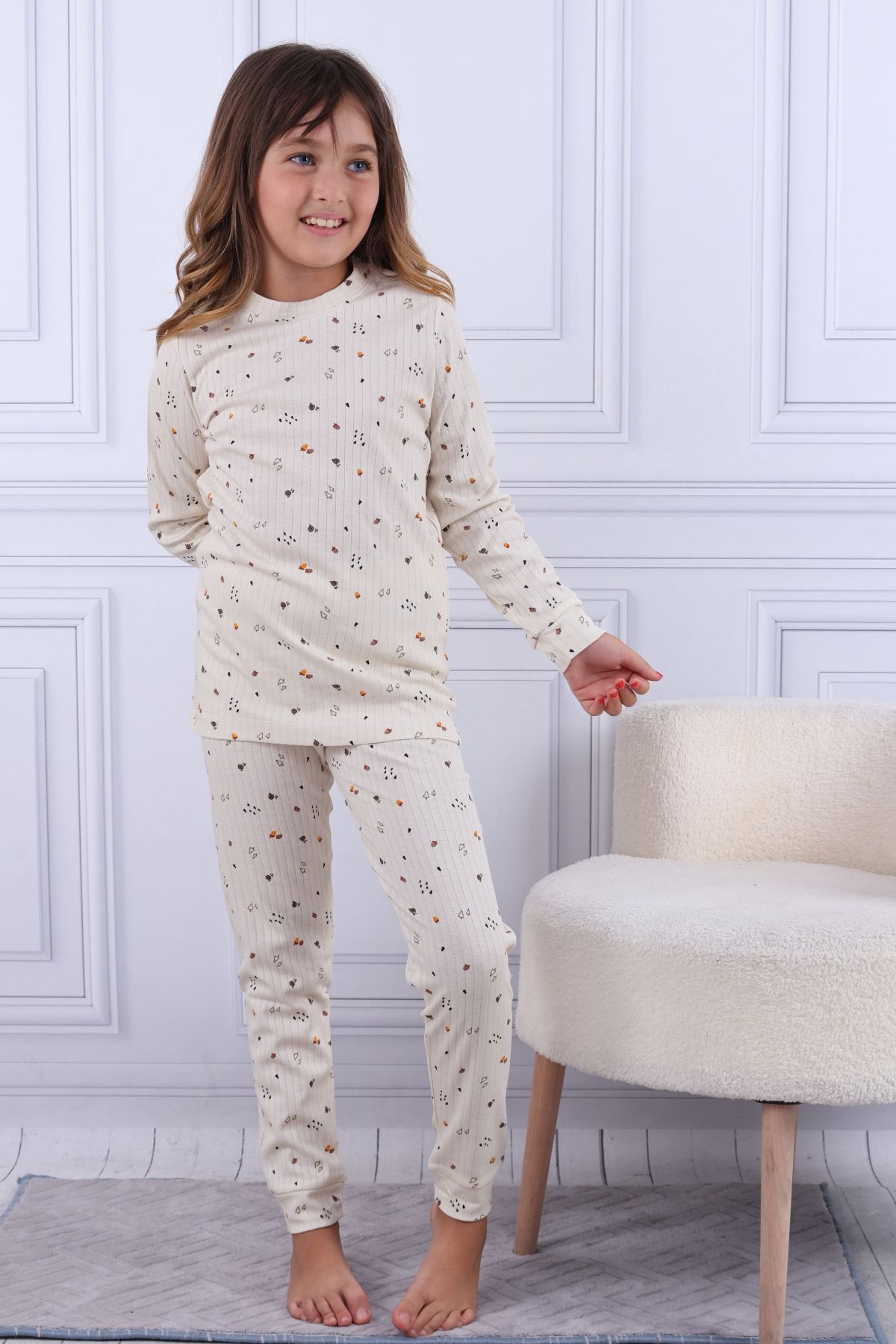 Tiril Tiril 106 Kız Çocuk Uzun Kollu Bisiklet Yaka Pijama Takım-Ekru