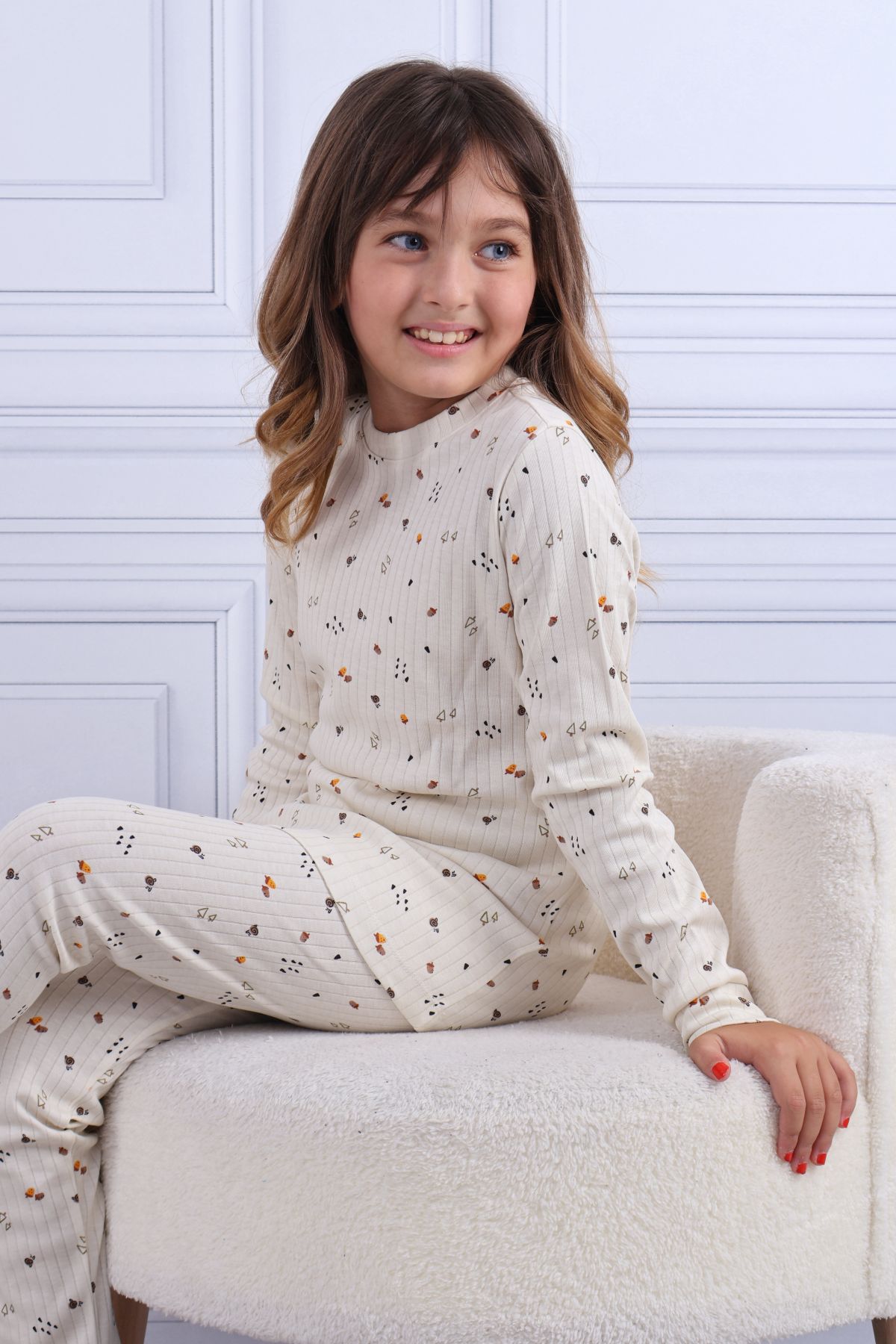 Tiril Tiril 106 Kız Çocuk Uzun Kollu Bisiklet Yaka Pijama Takım-Ekru
