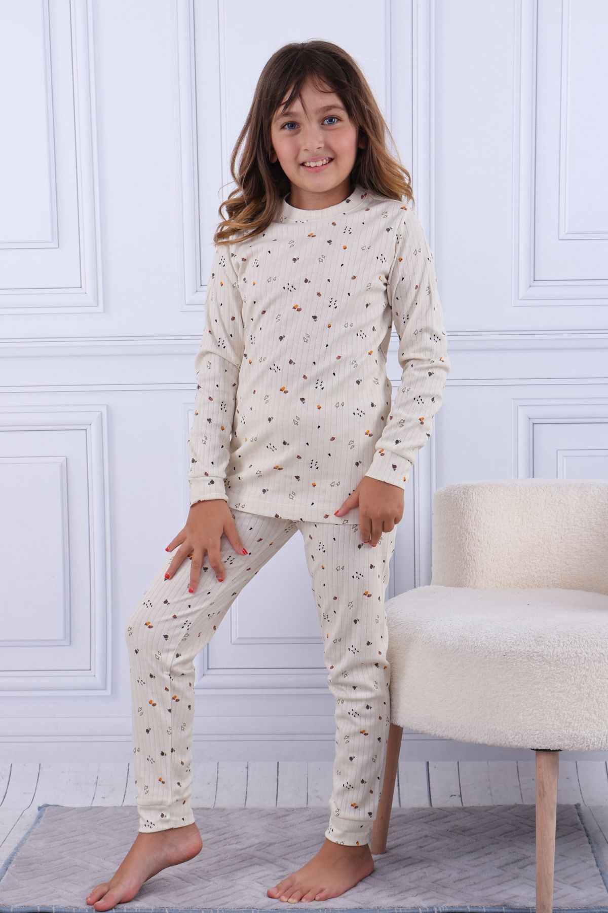 Tiril Tiril 106 Kız Çocuk Uzun Kollu Bisiklet Yaka Pijama Takım-Ekru
