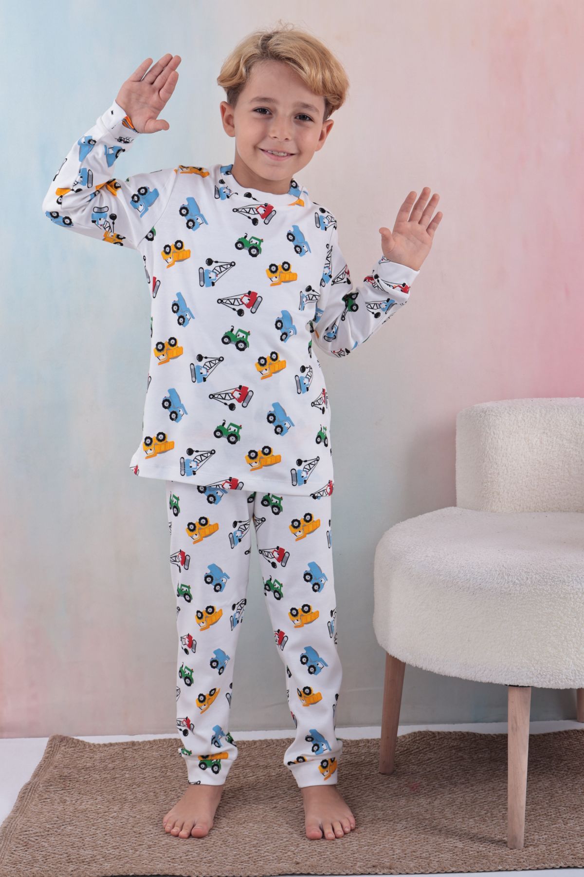 Tiril Tiril 108 Erkek Çocuk Uzun Kollu Bisiklet Yaka Pijama Takım-Beyaz
