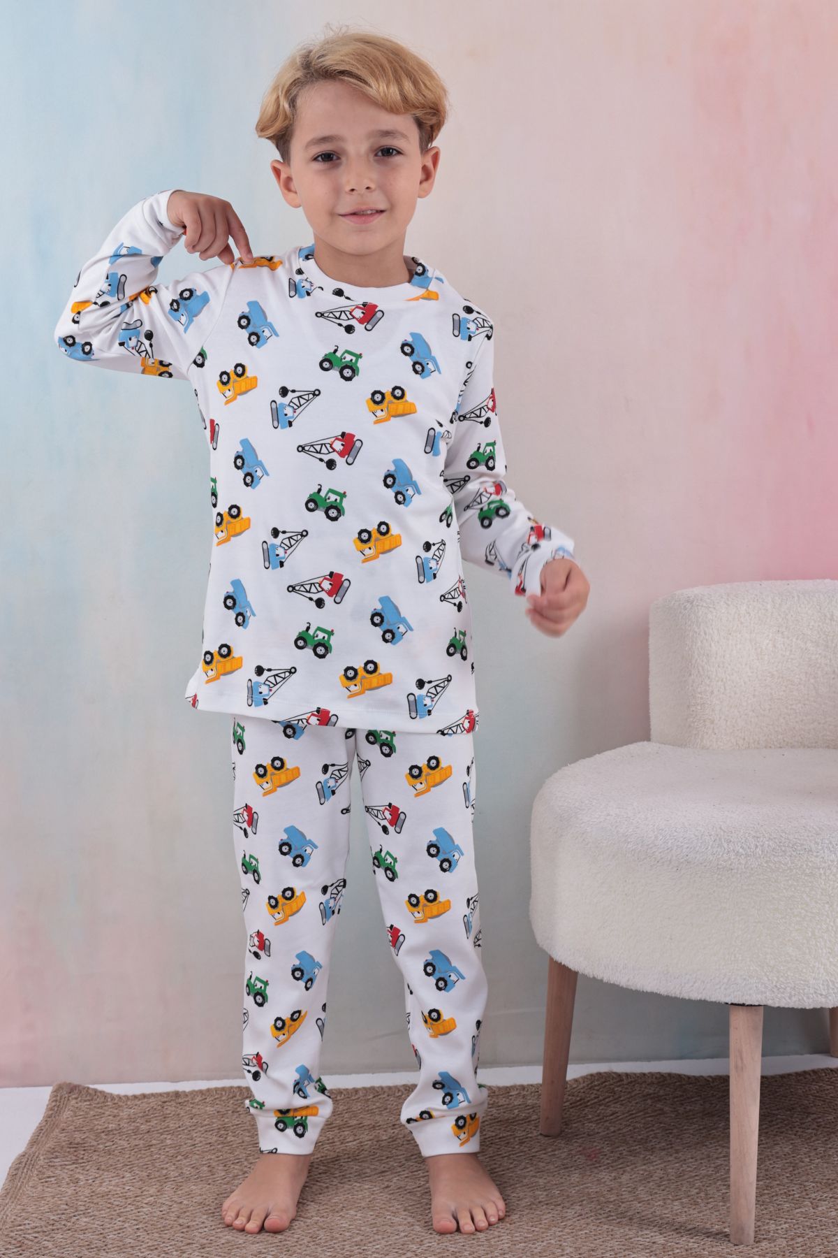Tiril Tiril 108 Erkek Çocuk Uzun Kollu Bisiklet Yaka Pijama Takım-Beyaz