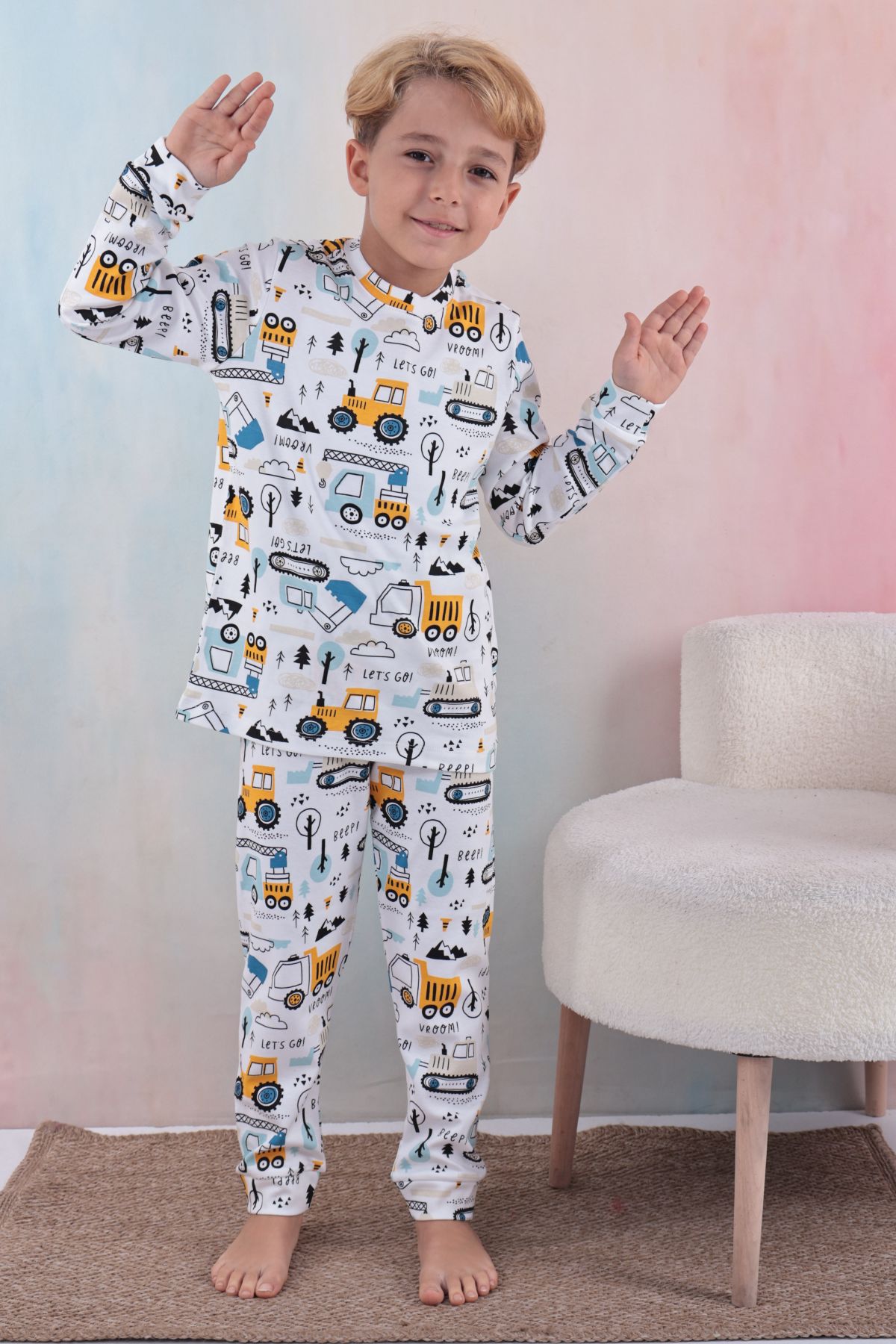 Tiril Tiril 109 Erkek Çocuk Uzun Kollu Bisiklet Yaka Pijama Takım-Beyaz