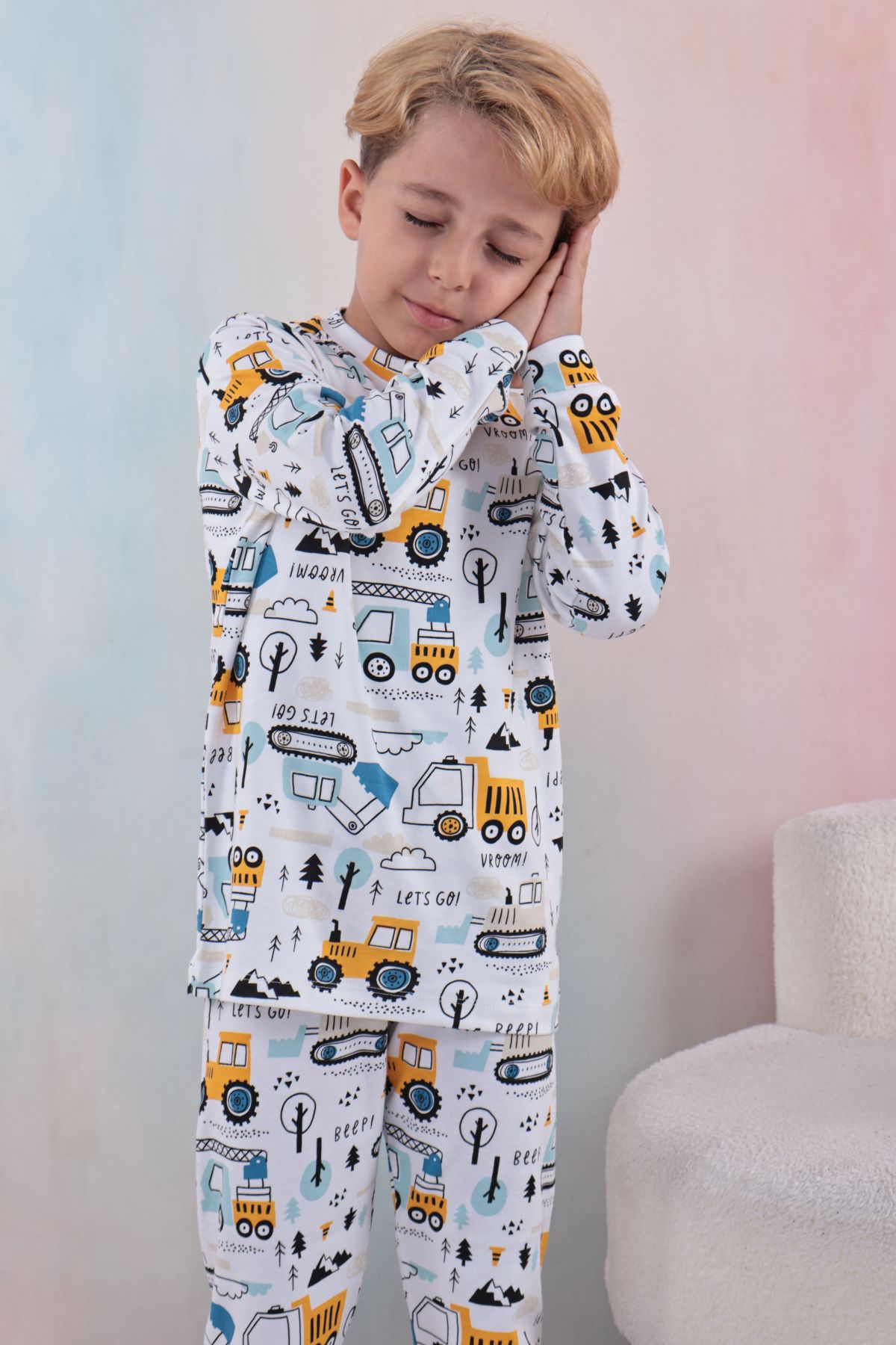 Tiril Tiril 109 Erkek Çocuk Uzun Kollu Bisiklet Yaka Pijama Takım-Beyaz