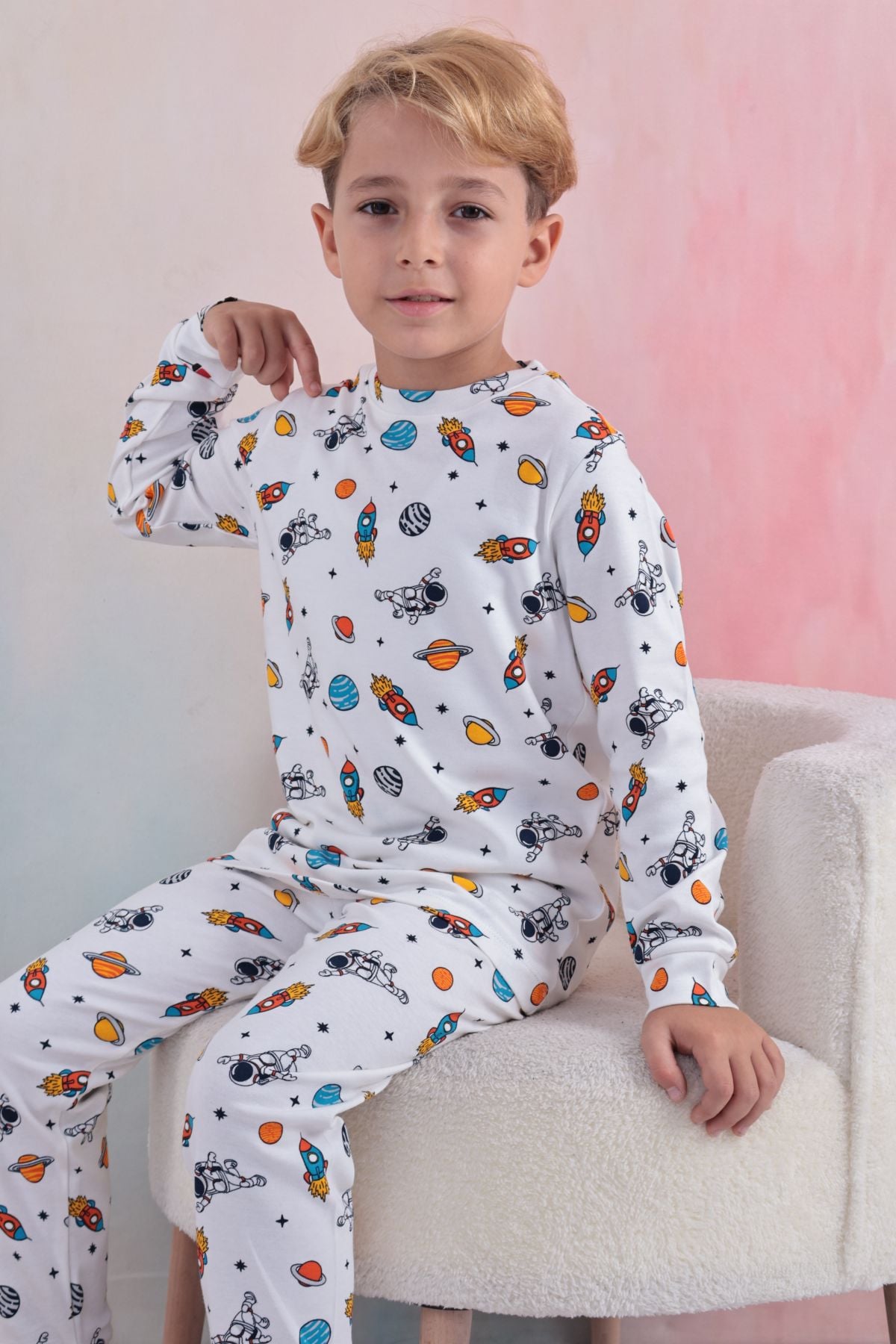 Tiril Tiril 110 Erkek Çocuk Uzun Kollu Bisiklet Yaka Pijama Takım-Beyaz