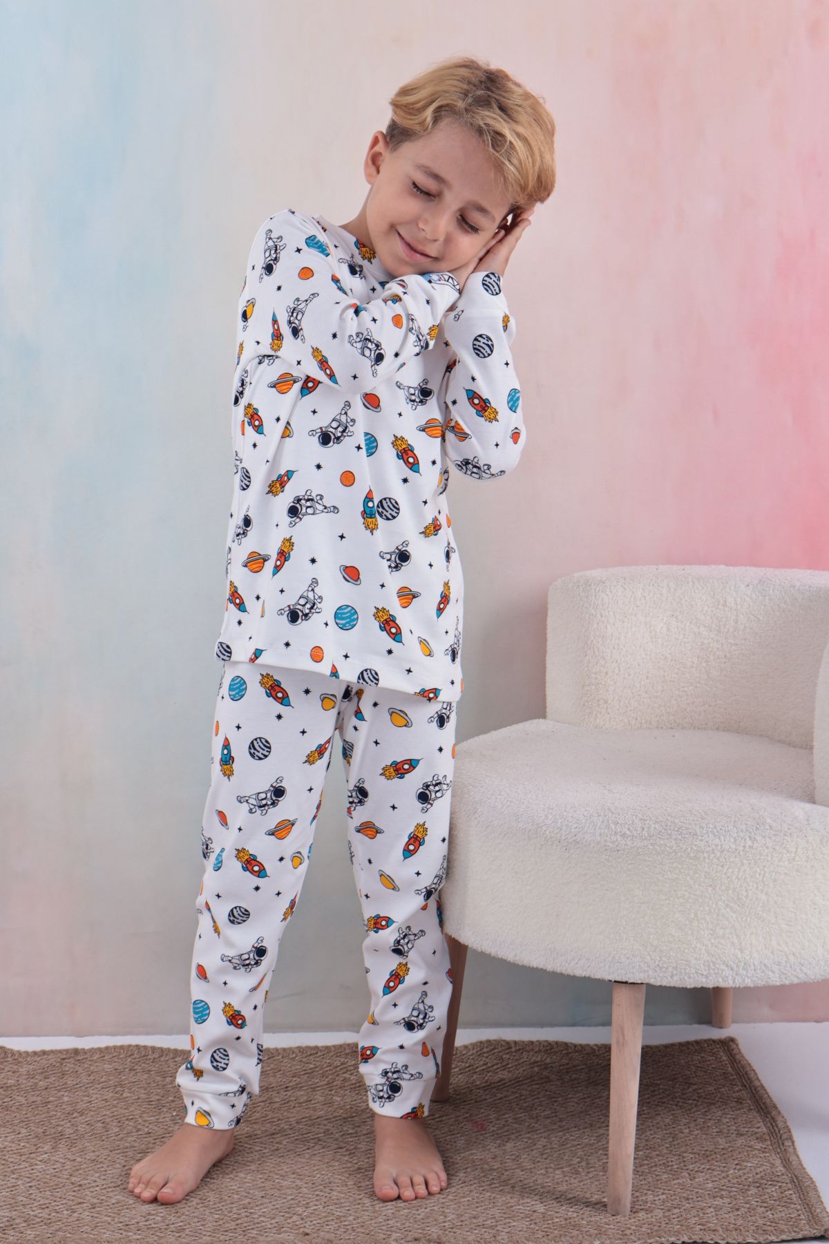 Tiril Tiril 110 Erkek Çocuk Uzun Kollu Bisiklet Yaka Pijama Takım-Beyaz