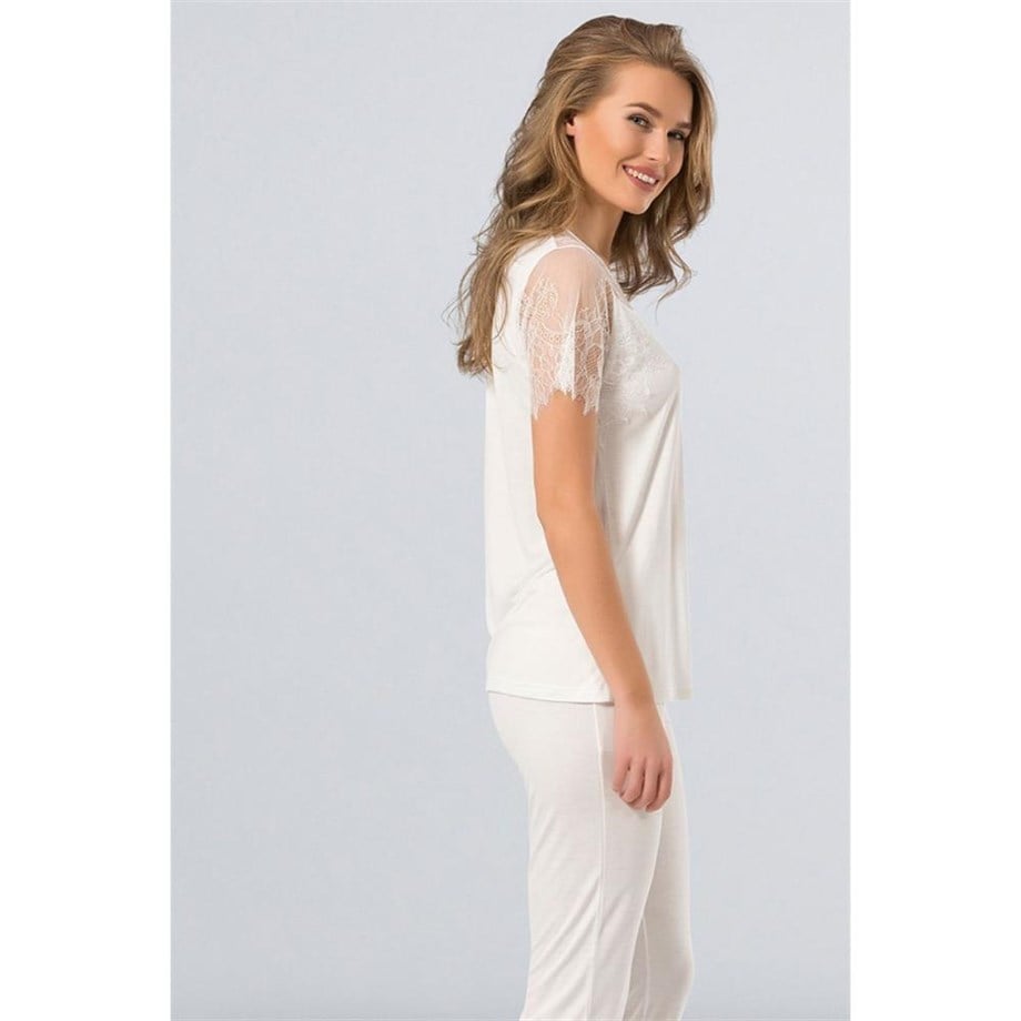 Türen 3279 Dantelli Kısa Kol Pijama Takımı  - Ekru