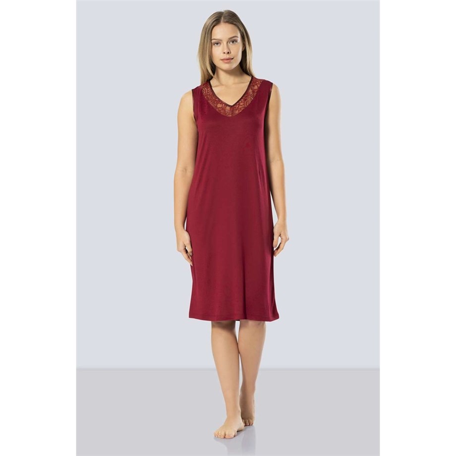 Türen 3285 Dantelli V Yaka Gecelik  - Bordo