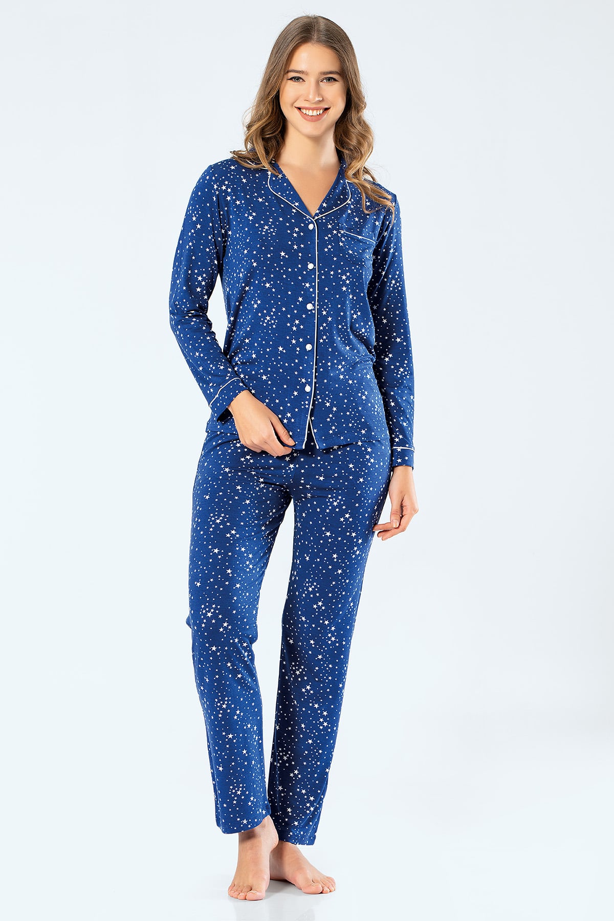 Türen 3327 Kadın Yıldızlı Uzun Kollu Gömlek Yaka Pijama Takım - Saks