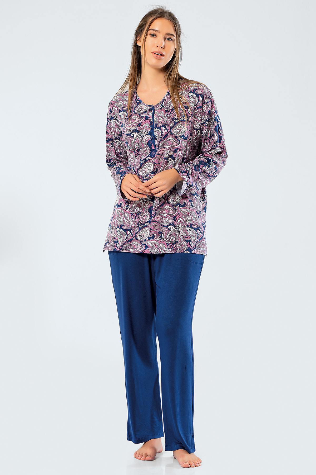 Türen 3328 Kadın Uzun Kollu Anne Pijama Takım - Pudra